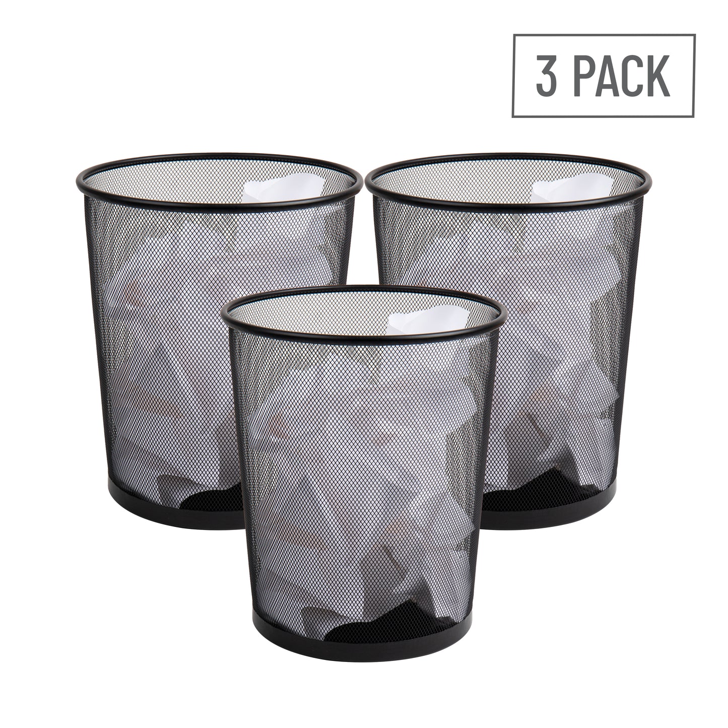 Mind Reader Mesh Trash Can, Set of 3, Waste Paper Basket, Round, Office, Metal Mesh, 11.5"L x 11.5"W x 13.75"H, Black