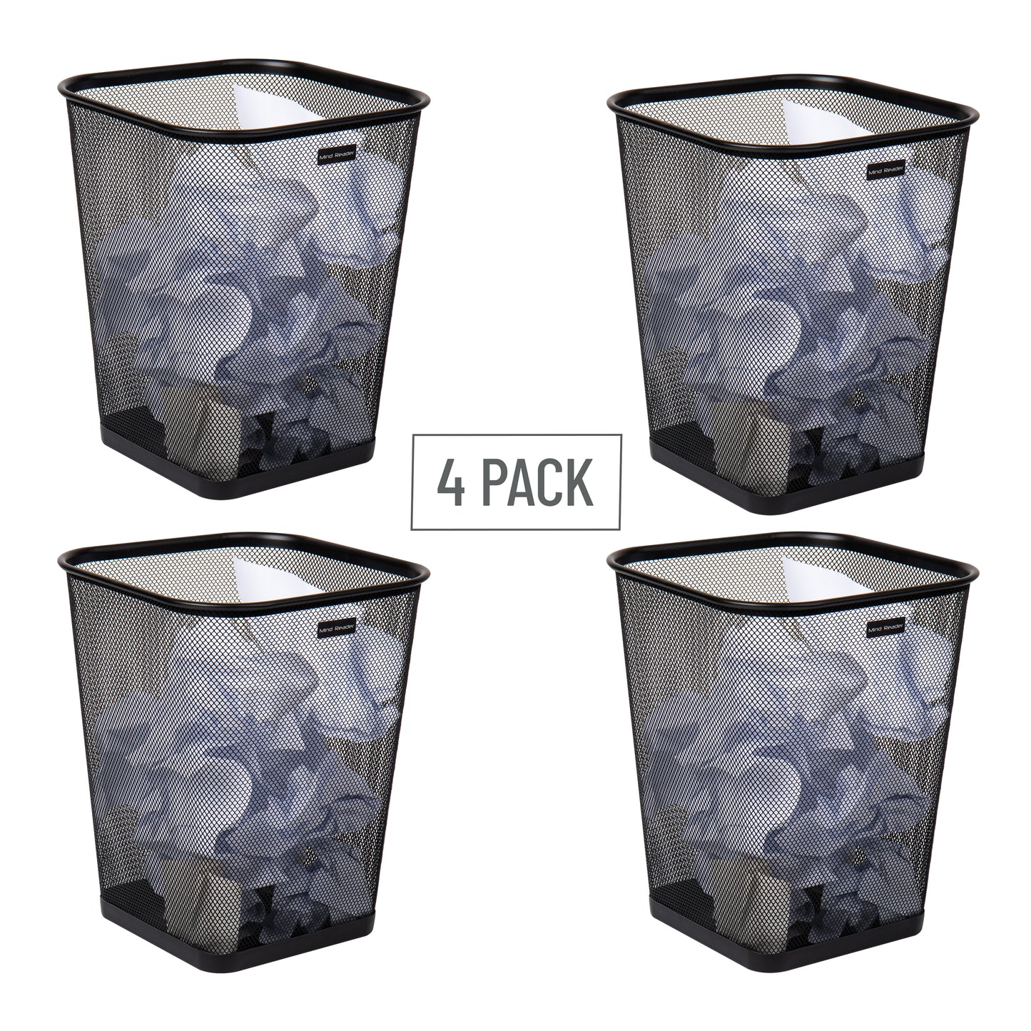 Mind Reader Mesh Trash Can, Waste Paper Basket, Square, Office, Metal Mesh, 9.75"L x 9.75"W x 12.25"H, Set of 4, Black