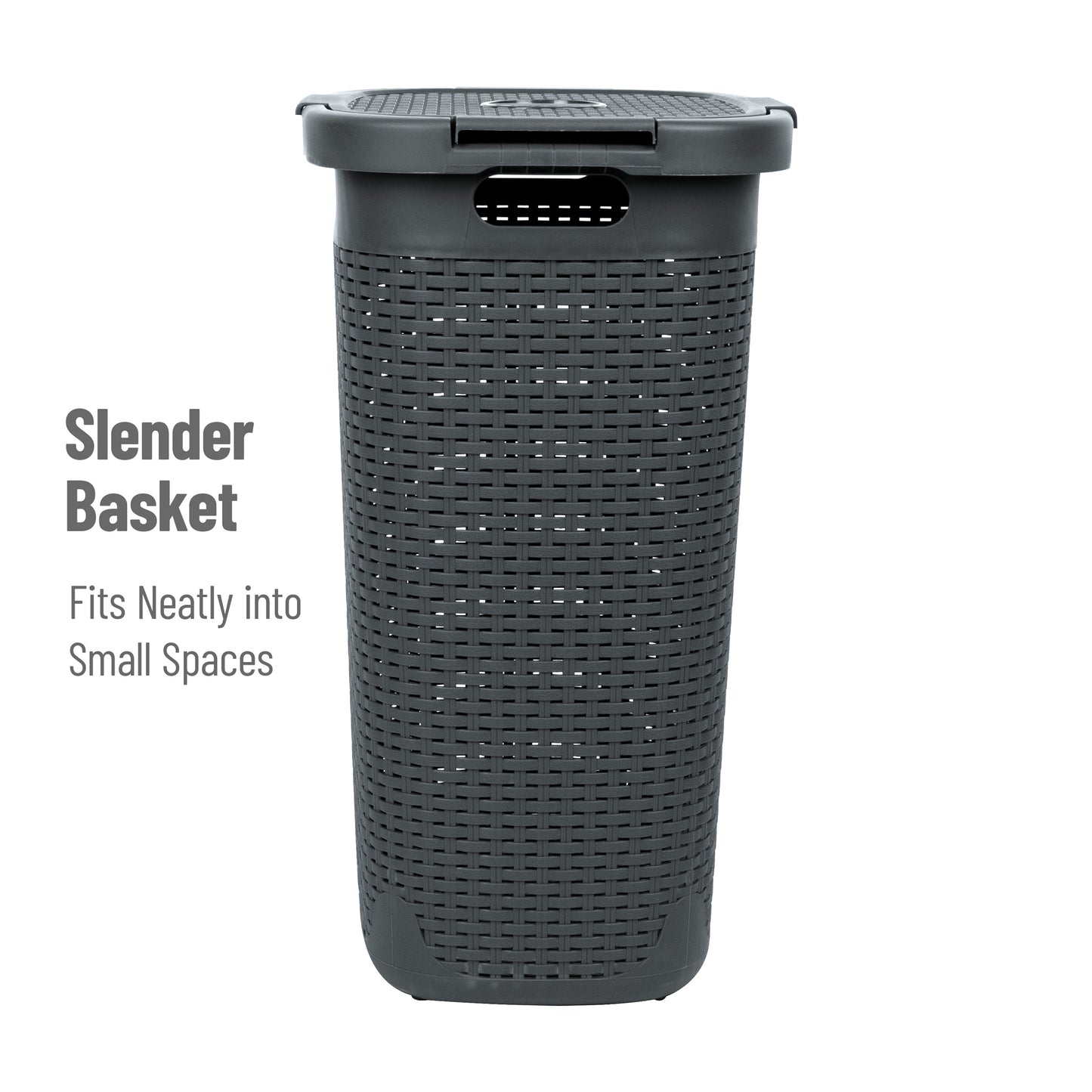 Mind Reader 60L Slim Laundry Hamper, Clothes Basket, Lid, Wicker Design, Plastic, 17.65"L x 13.75"W x 24.15"H