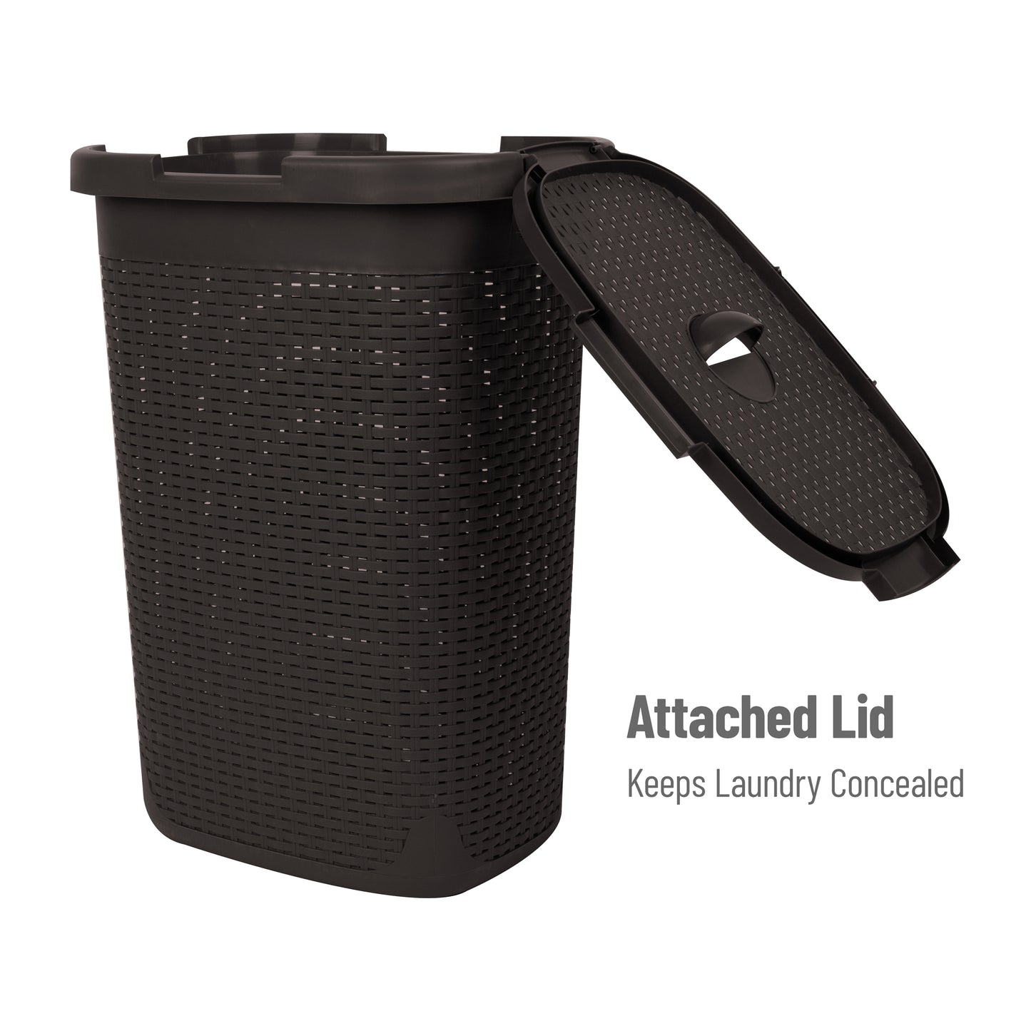 Mind Reader 60L Slim Laundry Hamper, Clothes Basket, Lid, Wicker Design, Plastic, 17.65"L x 13.75"W x 24.15"H