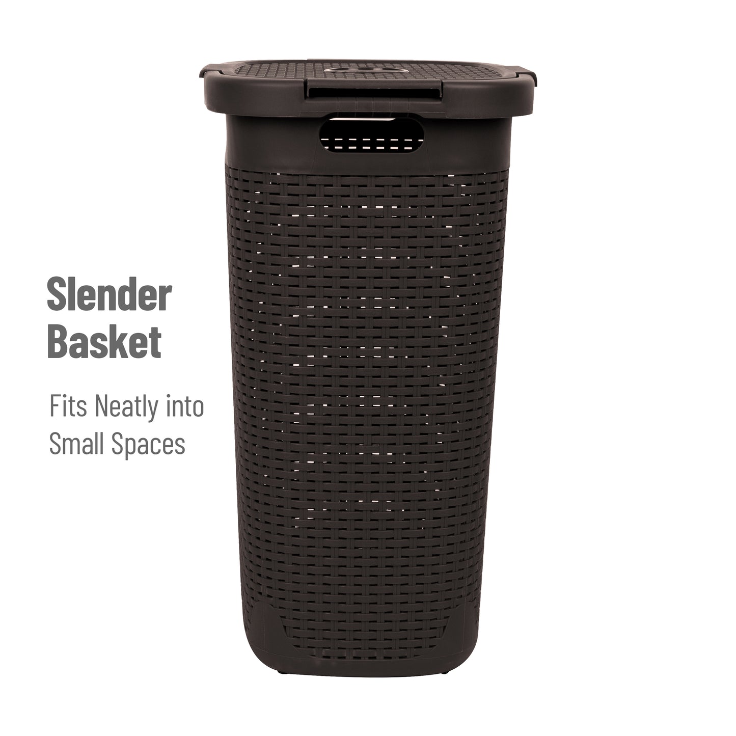 Mind Reader 60L Slim Laundry Hamper, Clothes Basket, Lid, Wicker Design, Plastic, 17.65"L x 13.75"W x 24.15"H