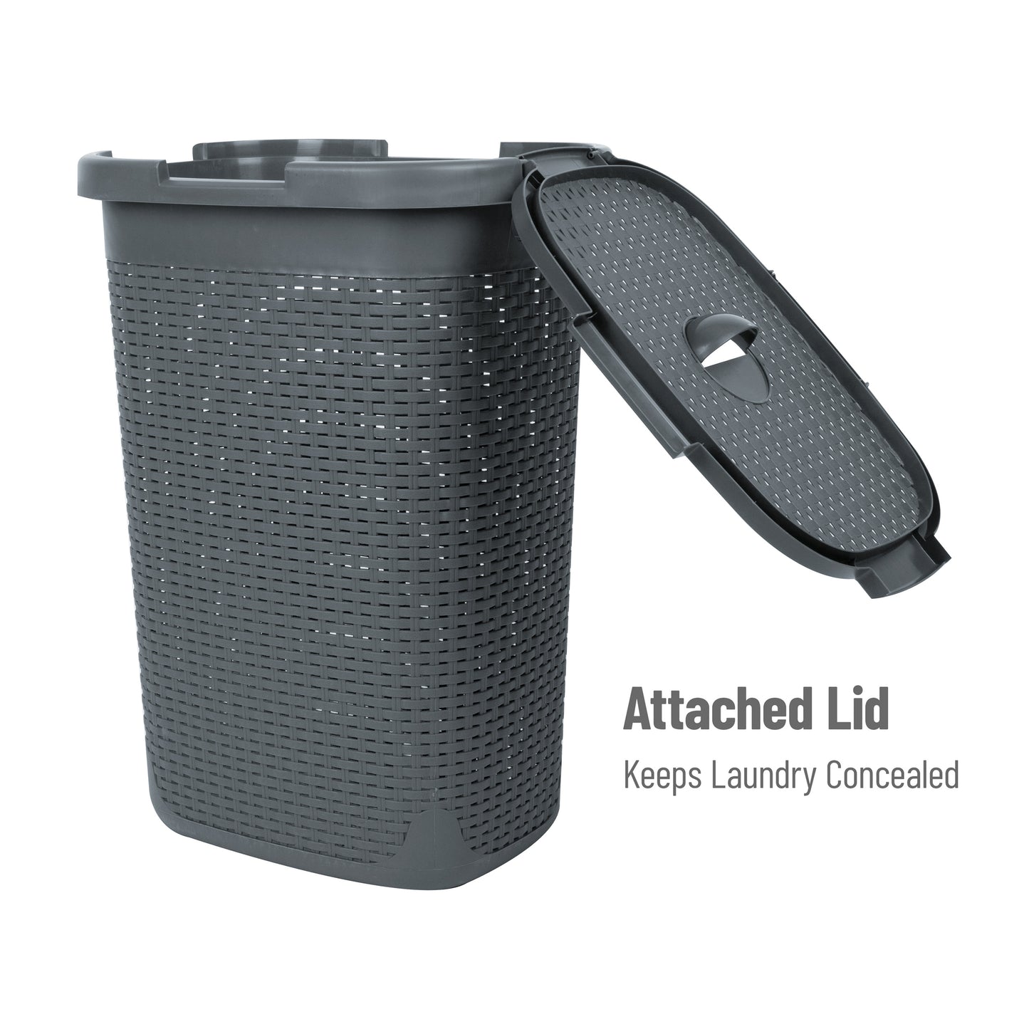 Mind Reader 60L Slim Laundry Hamper, Clothes Basket, Lid, Wicker Design, Plastic, 17.65"L x 13.75"W x 24.15"H