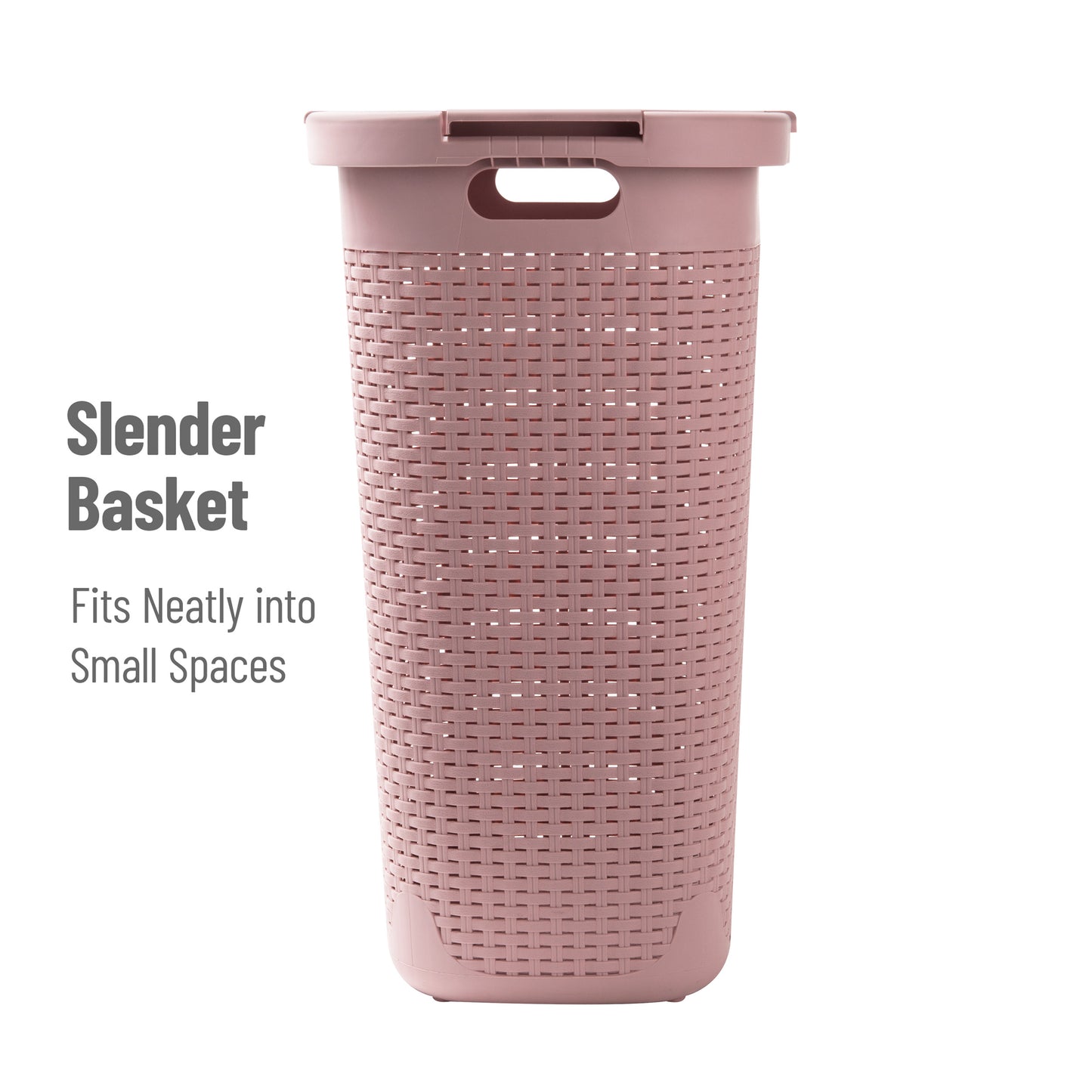 Mind Reader 60L Slim Laundry Hamper, Clothes Basket, Lid, Wicker Design, Plastic, 17.65"L x 13.75"W x 24.15"H