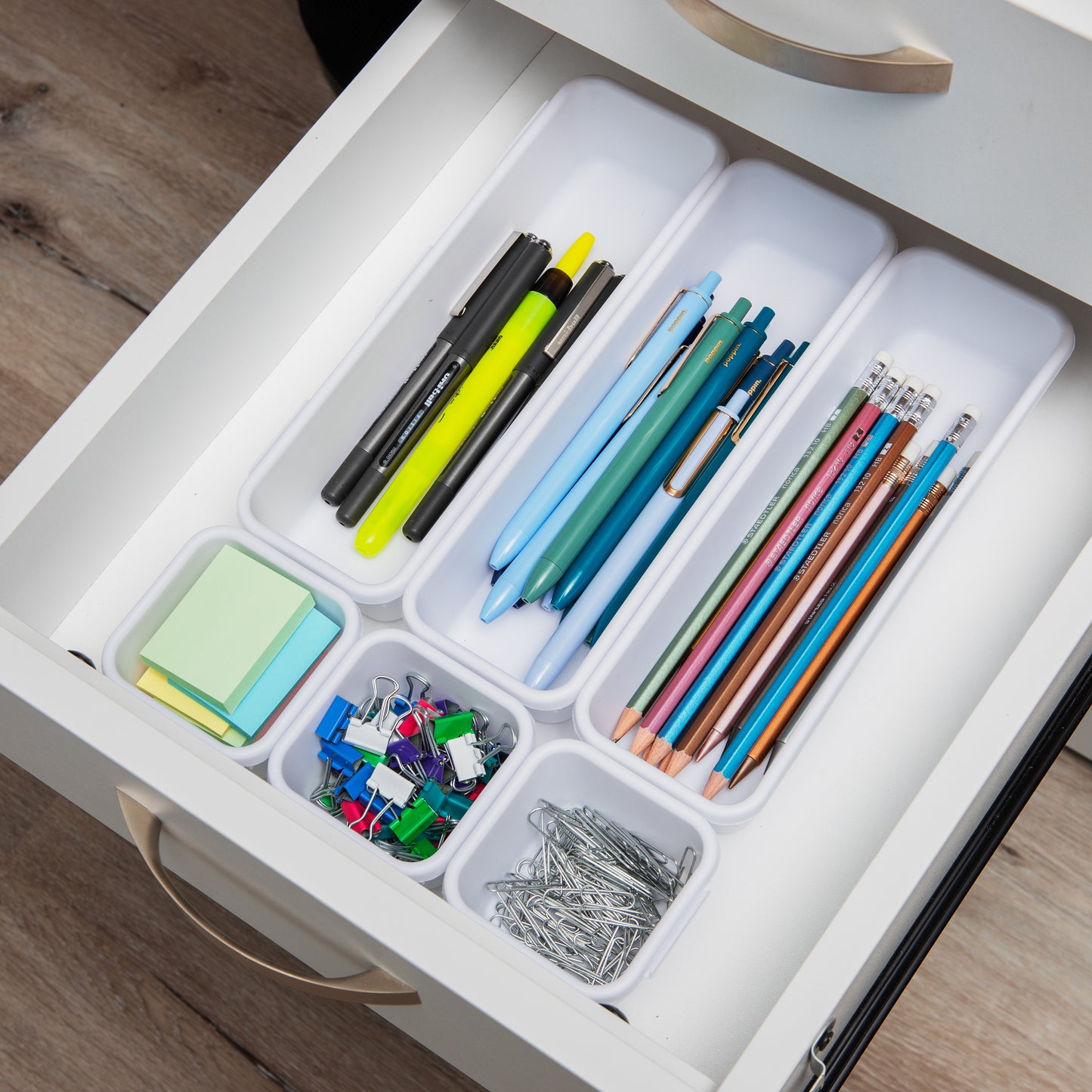 Mind Reader 8-Pc Drawer Organizer, Desk Organizer, Interlocking, Storage, Kitchen, Office, 9.25"L x 6.5"W x 3.74"H, White