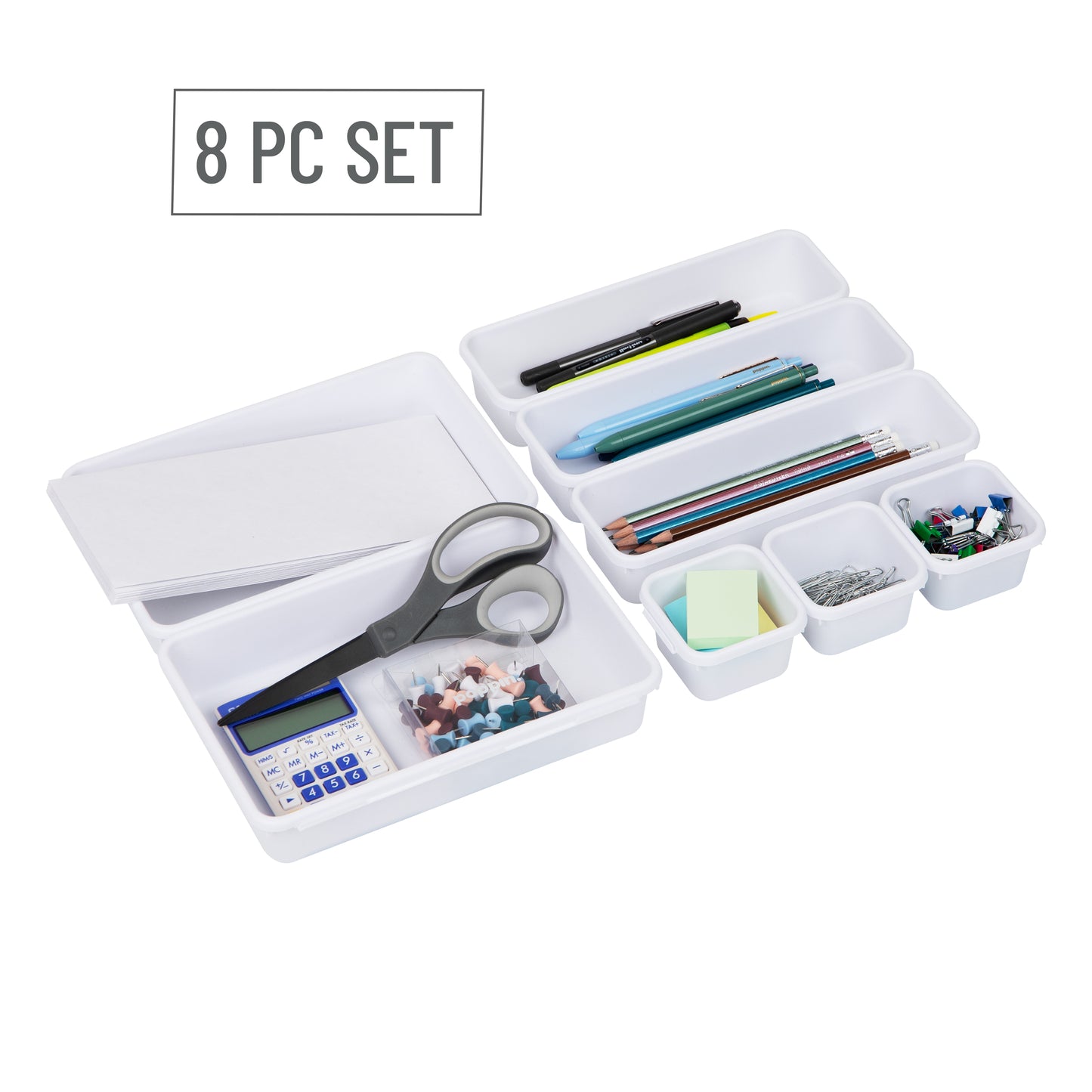 Mind Reader 8-Pc Drawer Organizer, Desk Organizer, Interlocking, Storage, Kitchen, Office, 9.25"L x 6.5"W x 3.74"H, White