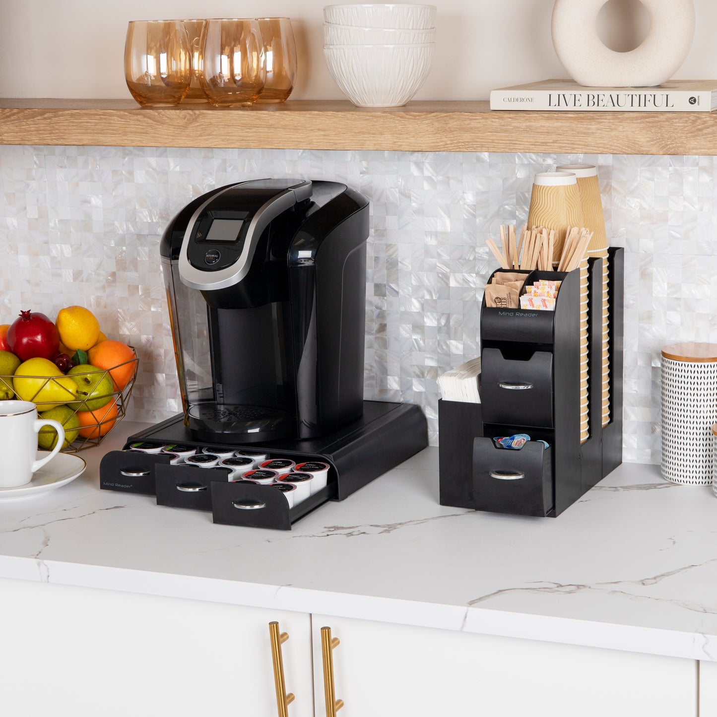 Mind Reader Cup and Condiment Station, Countertop Organizer, Coffee Bar, Kitchen, Stirrers, 5.375"L x 12"W x 11.25"H, Black