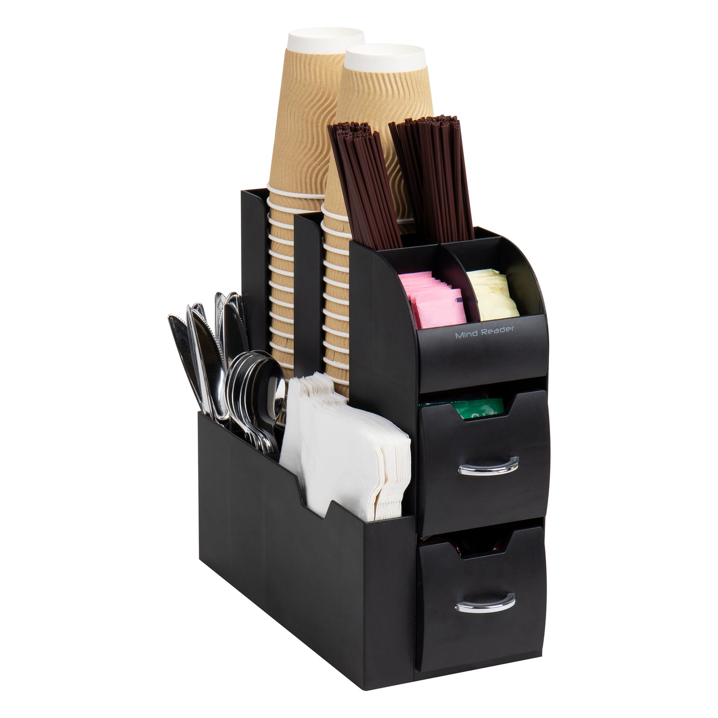 Mind Reader Cup and Condiment Station, Countertop Organizer, Coffee Bar, Kitchen, Stirrers, 5.375"L x 12"W x 11.25"H, Black