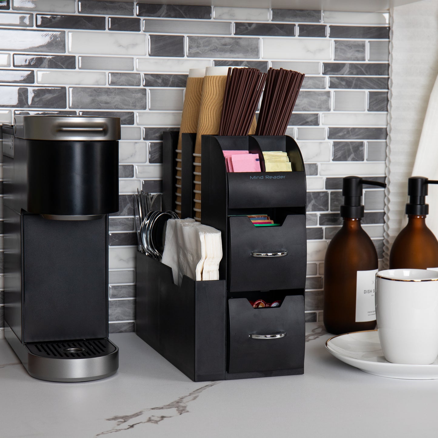 Mind Reader Cup and Condiment Station, Countertop Organizer, Coffee Bar, Kitchen, Stirrers, 5.35"L x 11.25"W x 11.15"H, Black