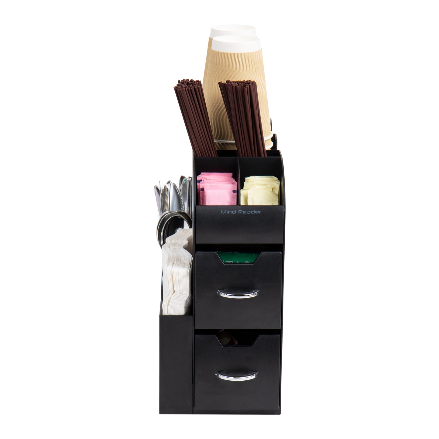 Mind Reader Cup and Condiment Station, Countertop Organizer, Coffee Bar, Kitchen, Stirrers, 5.375"L x 12"W x 11.25"H, Black