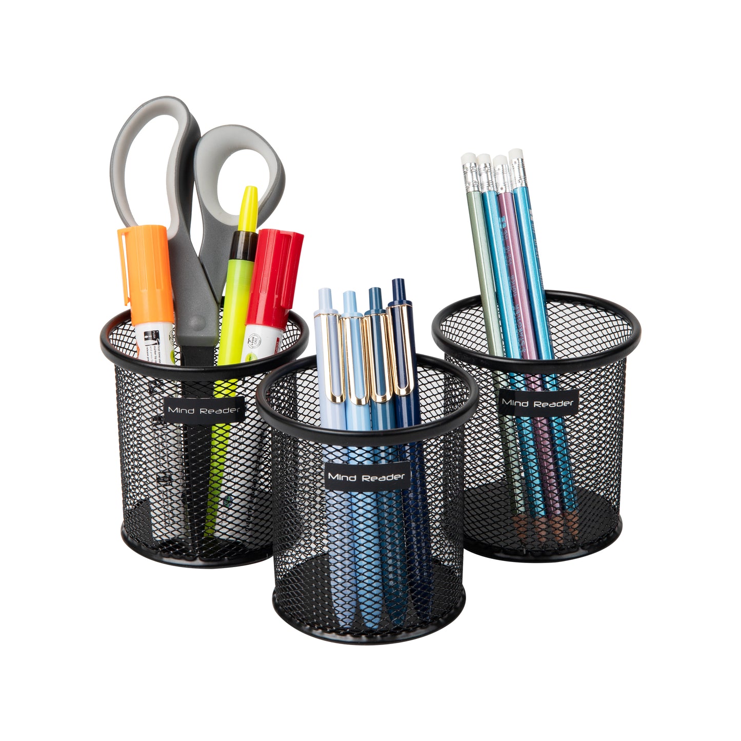 Mind Reader Pen and Accessories Holder, Desktop Organizer, Office, Metal Mesh, 3.5"L x 3.5"W x 3.75"H, Set of 3