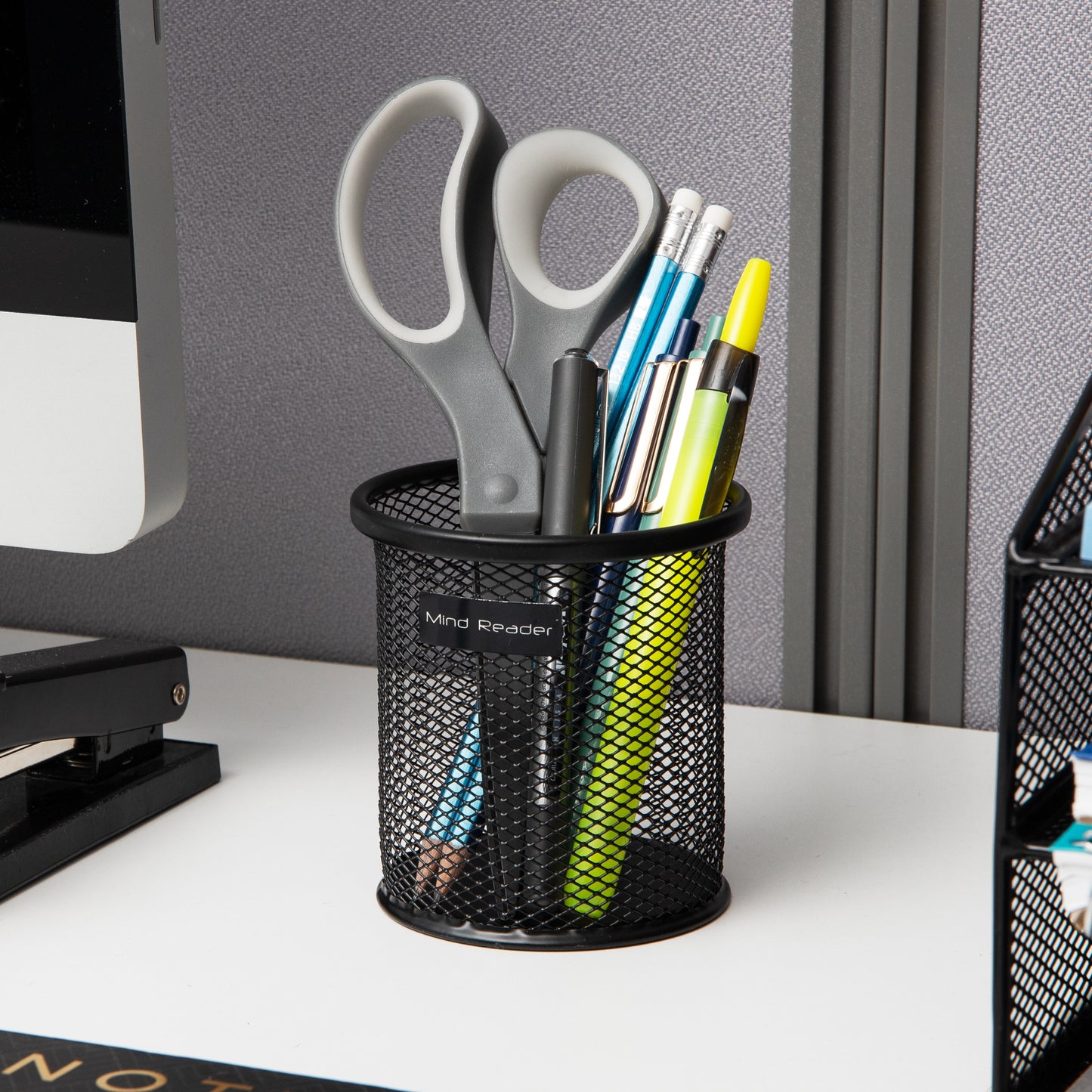 Mind Reader Pen and Accessories Holder, Desktop Organizer, Office, Metal Mesh, 3.5"L x 3.5"W x 3.75"H, Set of 3, Black
