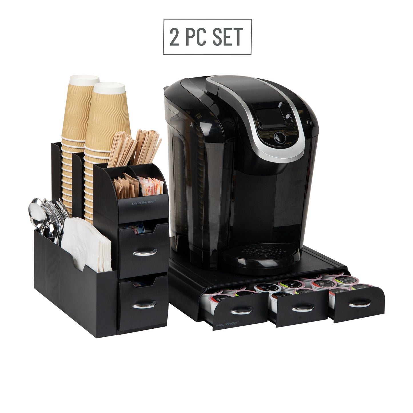 Mind Reader Single Serve Coffee Pod Drawer and Cup Condiment Set, 2 Pcs., 36 Pod Capacity, 5.35"L x 11.25"W x 11.15"H