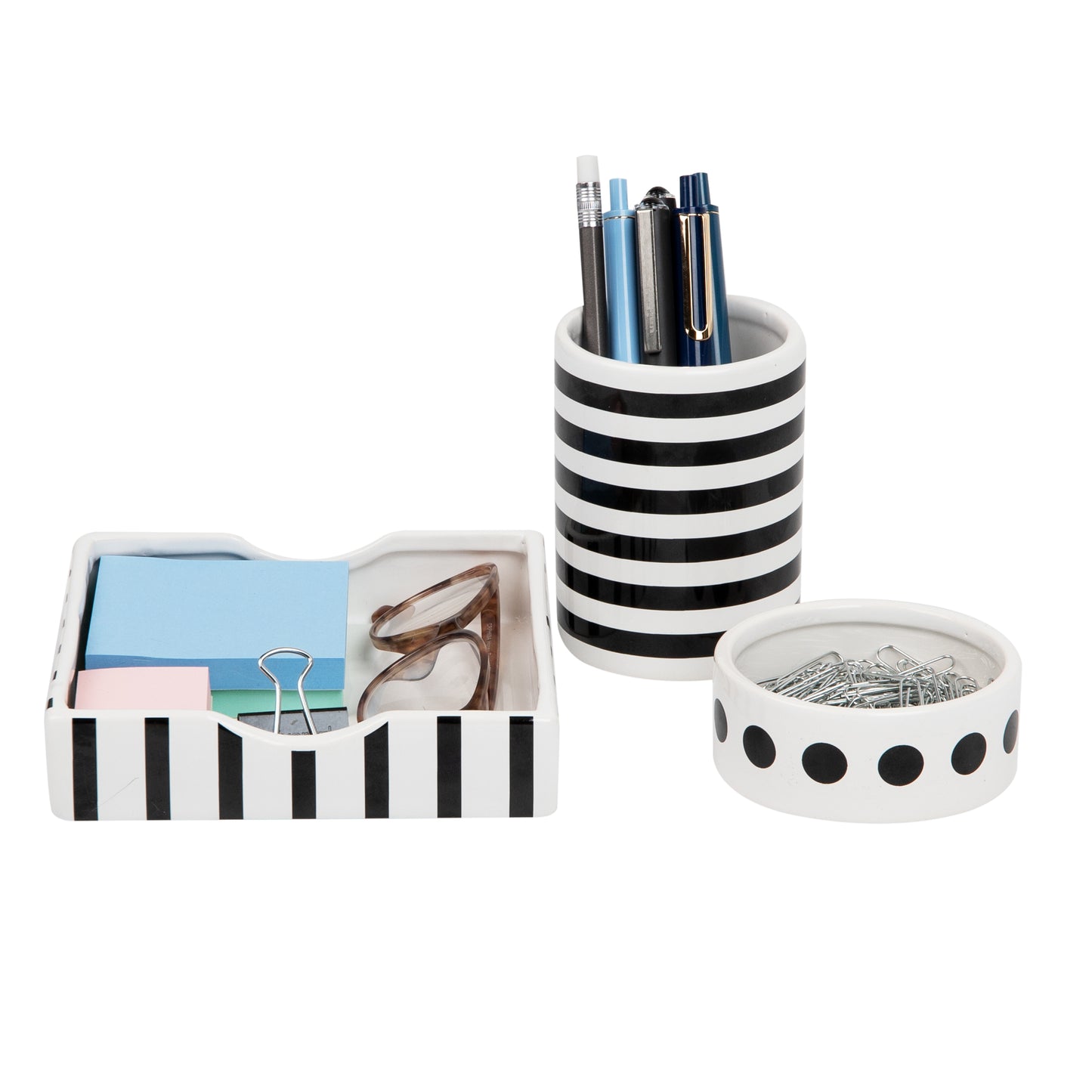 Mind Reader Desktop Organizer Set, Pen Cup, Clip Dish, Memo Tray, Office, Ceramic, 3"L x 3"W x 4"H, 3 Pcs., Black & White