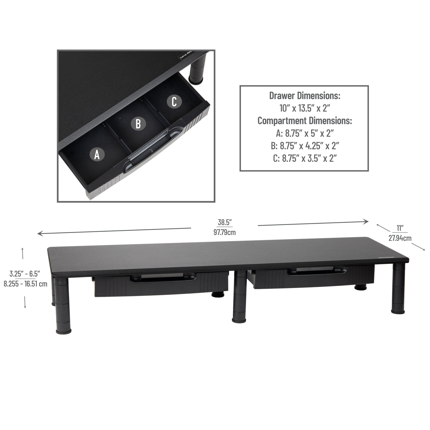 Mind Reader Dual Monitor Stand, Height Adjustable, Desktop Organizer, Laptop Riser, Office, 38.5"L x 11"W x 2.55-6.5"H, Black