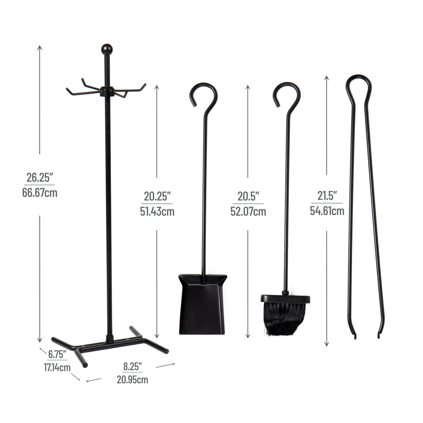 Mind Reader Fireplace Set with Stand, Brush, Shovel Scoop, Poker, Tongs, Steel, 8.25"L x 6.75"W x 26.25"H, 4 Pcs, Black