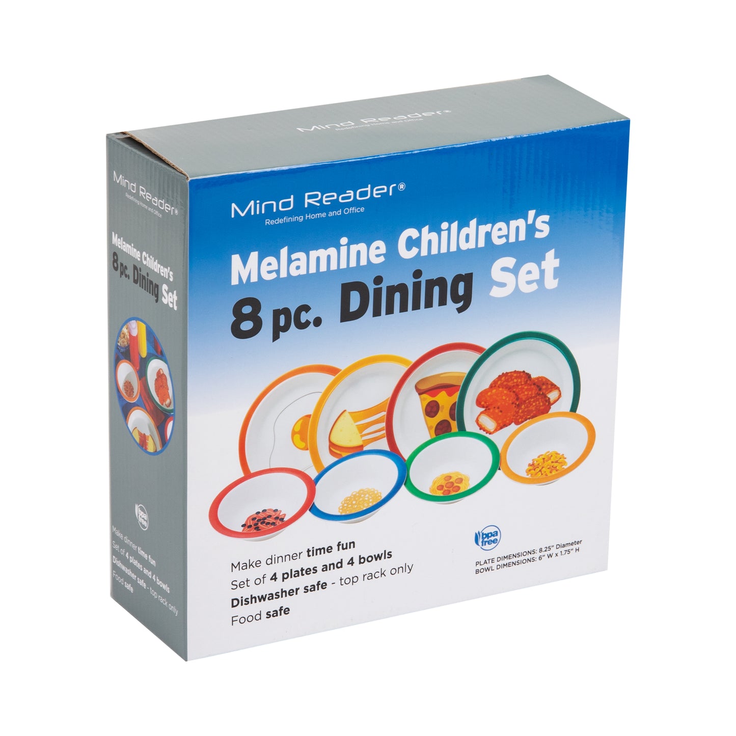 Mind Reader Kids Plate and Bowl Set, Toddler Plates, Cereal and Soup Bowl, Melamine, 8.25"L x 8.25"W 1"H, 8 pcs, Multi-color