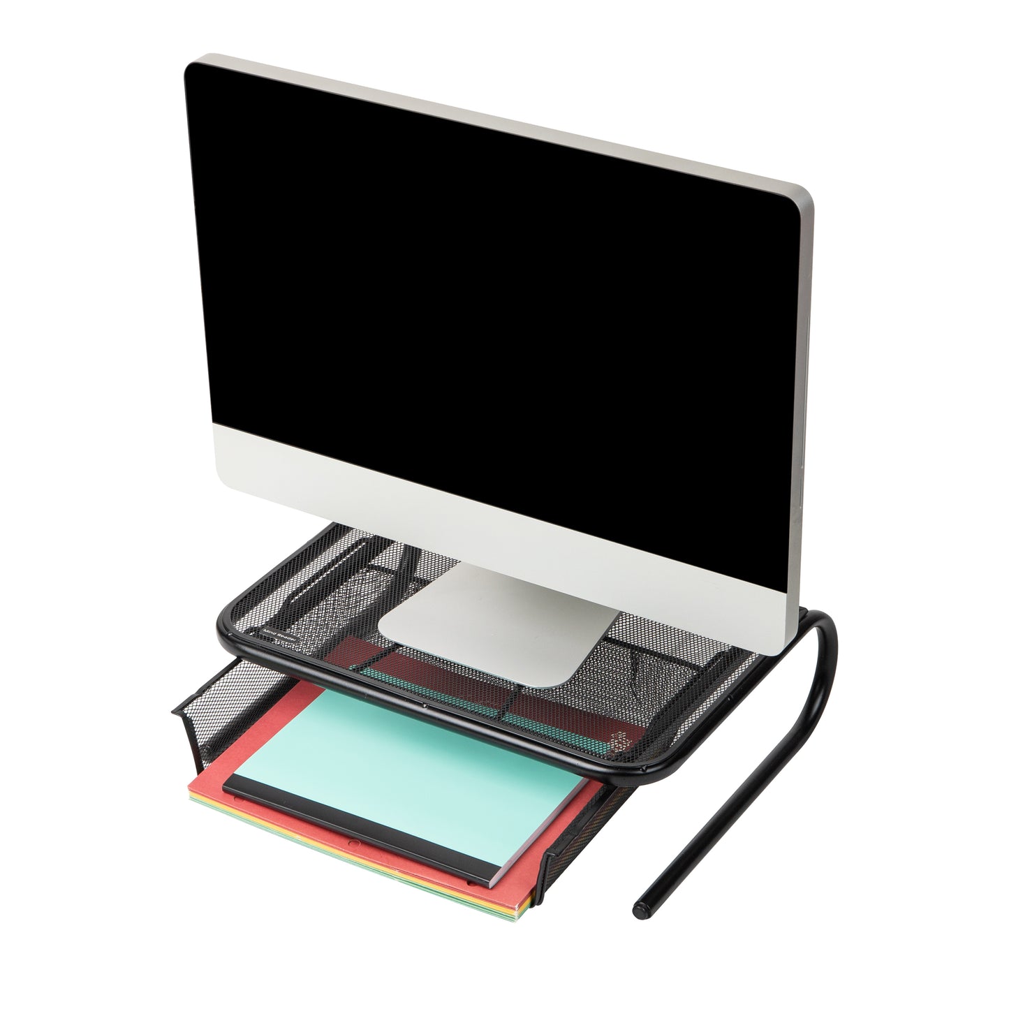 Mind Reader Monitor Stand, Ventilated Laptop Riser, Desktop Organizer, Paper Tray, Metal Mesh, 16.75"L x 13"W x 5.25"H, Black