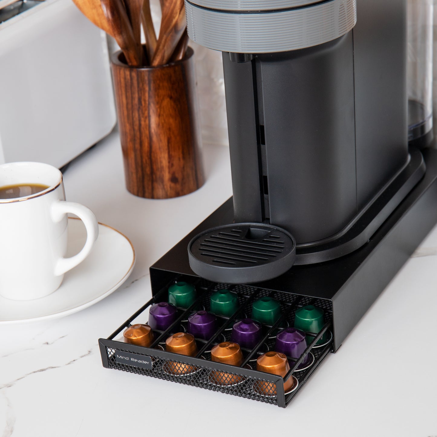 Mind Reader Nespresso Compatible Capsule Drawer, Countertop, Coffee Pod Holder, Metal Mesh, 6.8"L x 12.75"W x 2"H, Black