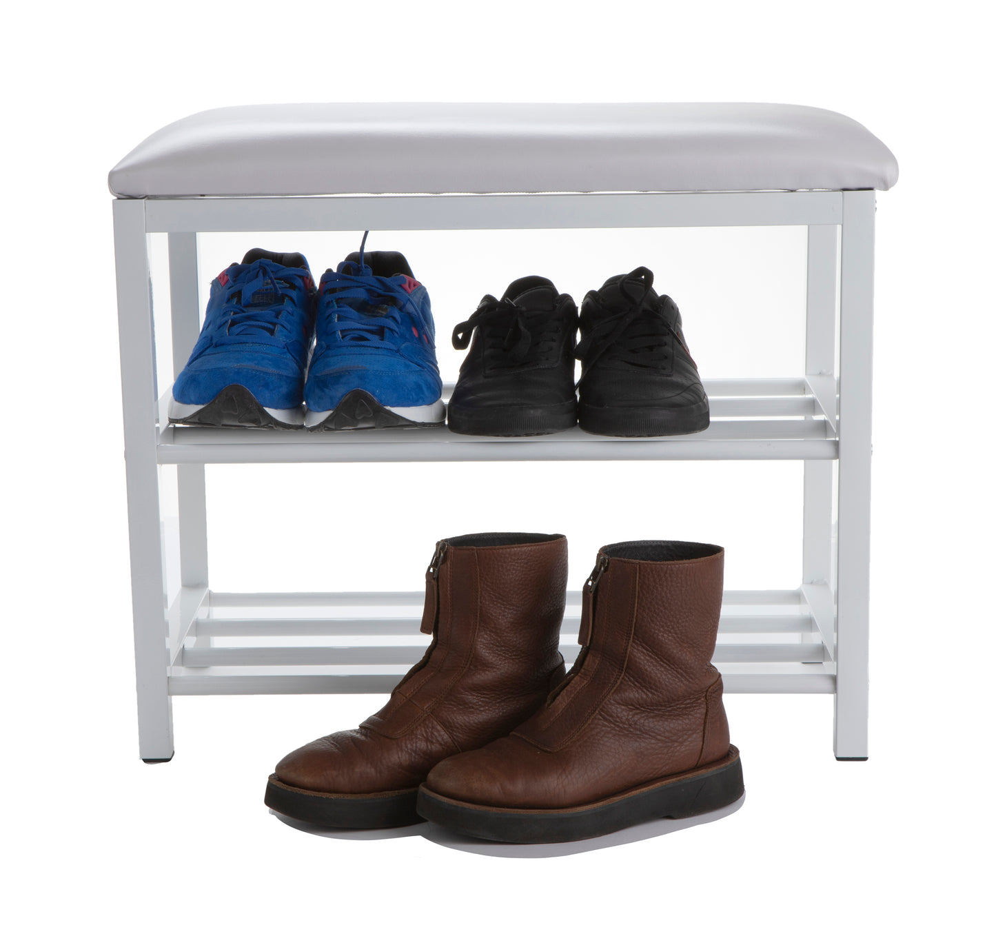 Mind Reader Woodland Collection, 3-Tier Bench, 2 Shoe and Accessory Shelves, Padded Top, Mudroom, Entryway, Bedroom, Metal, White