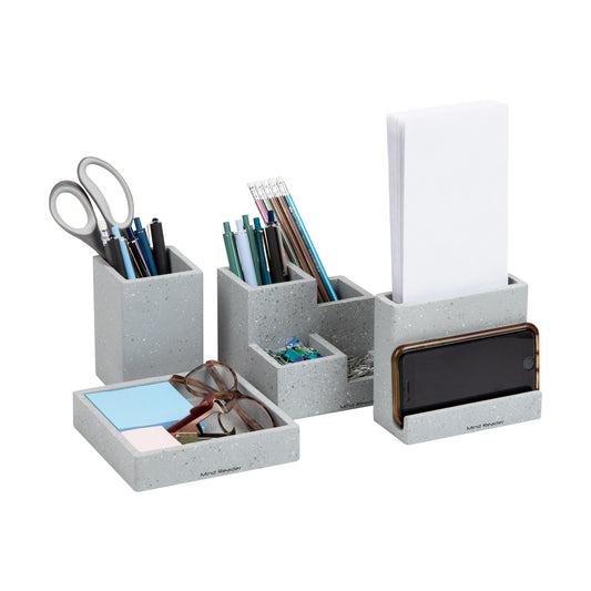 Mind Reader Desktop Organizer Set, Pen Cup, Catch All Tray, Phone Holder, Office, Cement, 5"L x 5"W x 4"H, 4 Pcs., Gray
