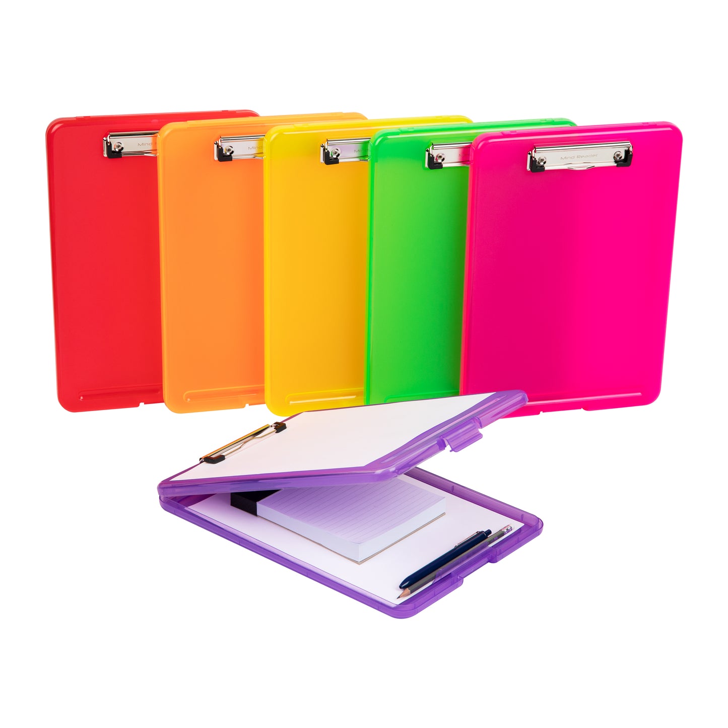 Mind Reader Clipboard with Storage, Teacher, Nursing Clipboard, Plastic, 9.25"L x 13.25"W x 1"H, Set of 6, Assorted Colors