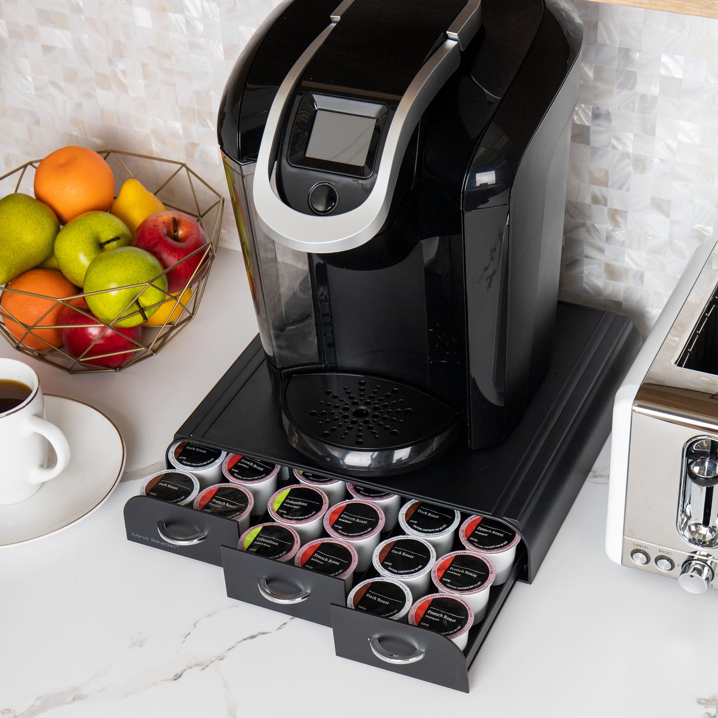 Mind Reader Single Serve Coffee Pod Organizer with 3 Drawers, 36 Pod Capacity, 13.5"L x 12.25"W x 2.5"H, Black