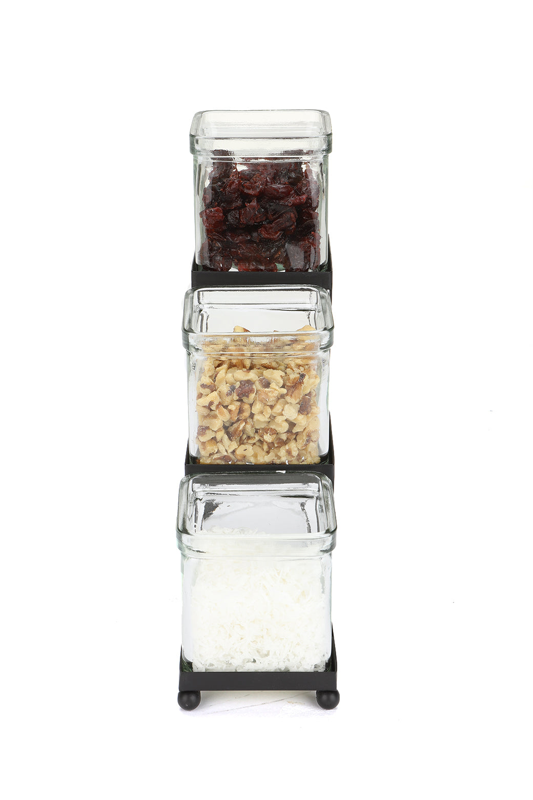 Mind Reader Alloy Collection, 3-Compartment, Graduated Condiment/Garnish Stand with Clear Glass Jars, Metal, Black