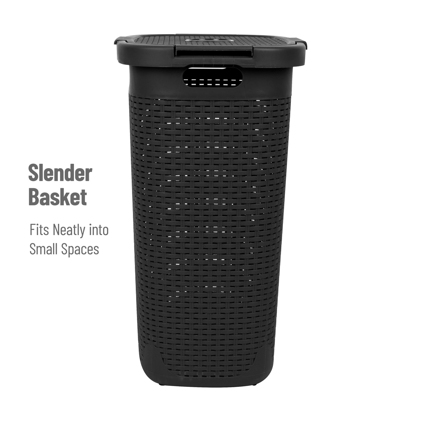 Mind Reader Basket Collection, Slim Laundry Hamper, 60 Liter (15kg/33lbs) Capacity, Cut Out Handles, Attached Hinged Lid, Ventilated Premium Wicker Look