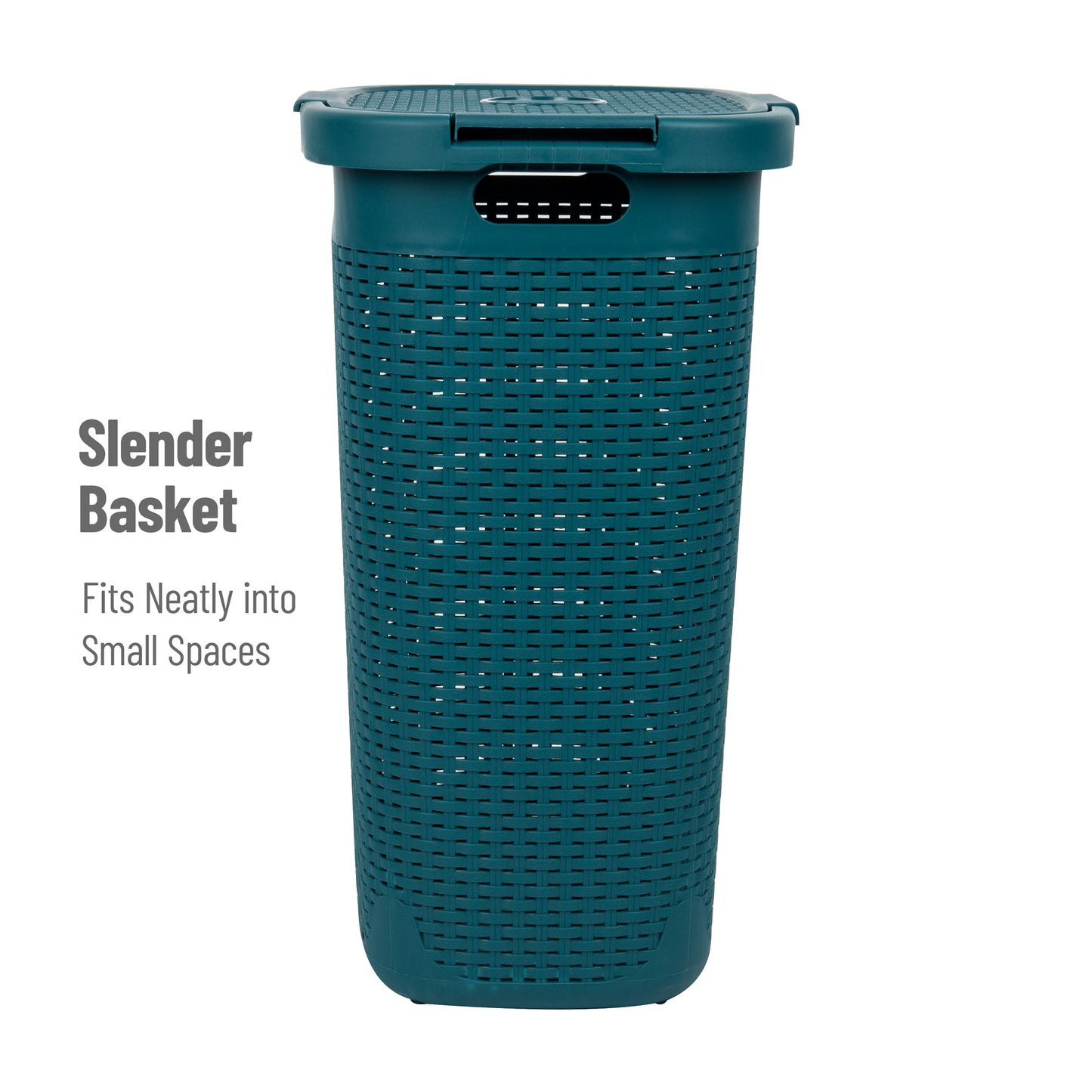 Mind Reader Basket Collection, Slim Laundry Hamper, 60 Liter (15kg/33lbs) Capacity, Cut Out Handles, Attached Hinged Lid, Ventilated Premium Wicker Look