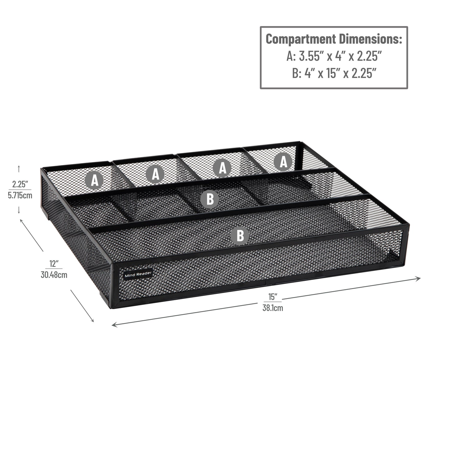 Mind Reader Drawer Organizer, Desk Org, Utensil Organizer, Office, Kitchen, Metal Mesh, 15"L x 12"W x 2.25"H, Set of 2