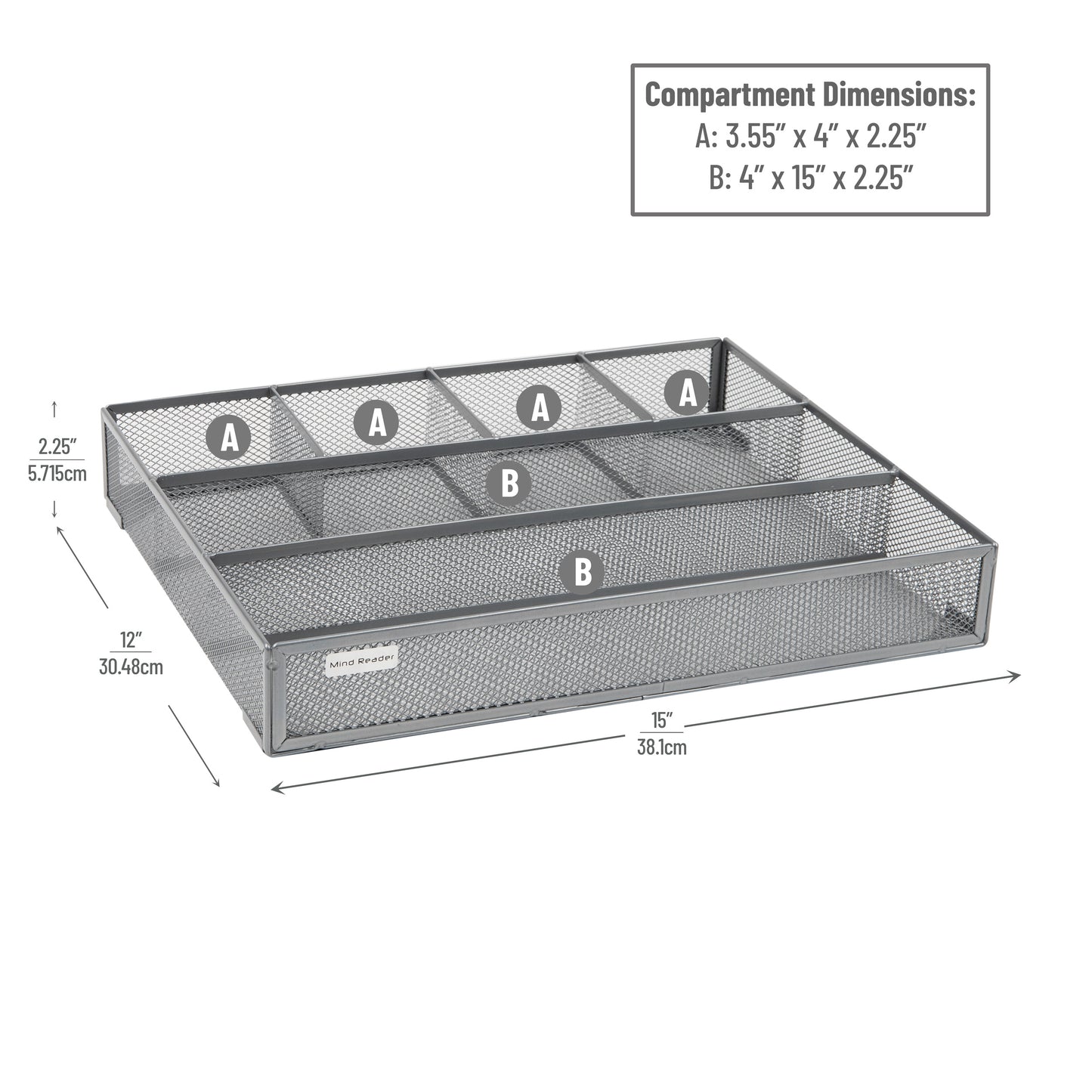 Mind Reader Drawer Organizer, Desk Org, Utensil Organizer, Office, Kitchen, Metal Mesh, 15"L x 12"W x 2.25"H, Set of 2