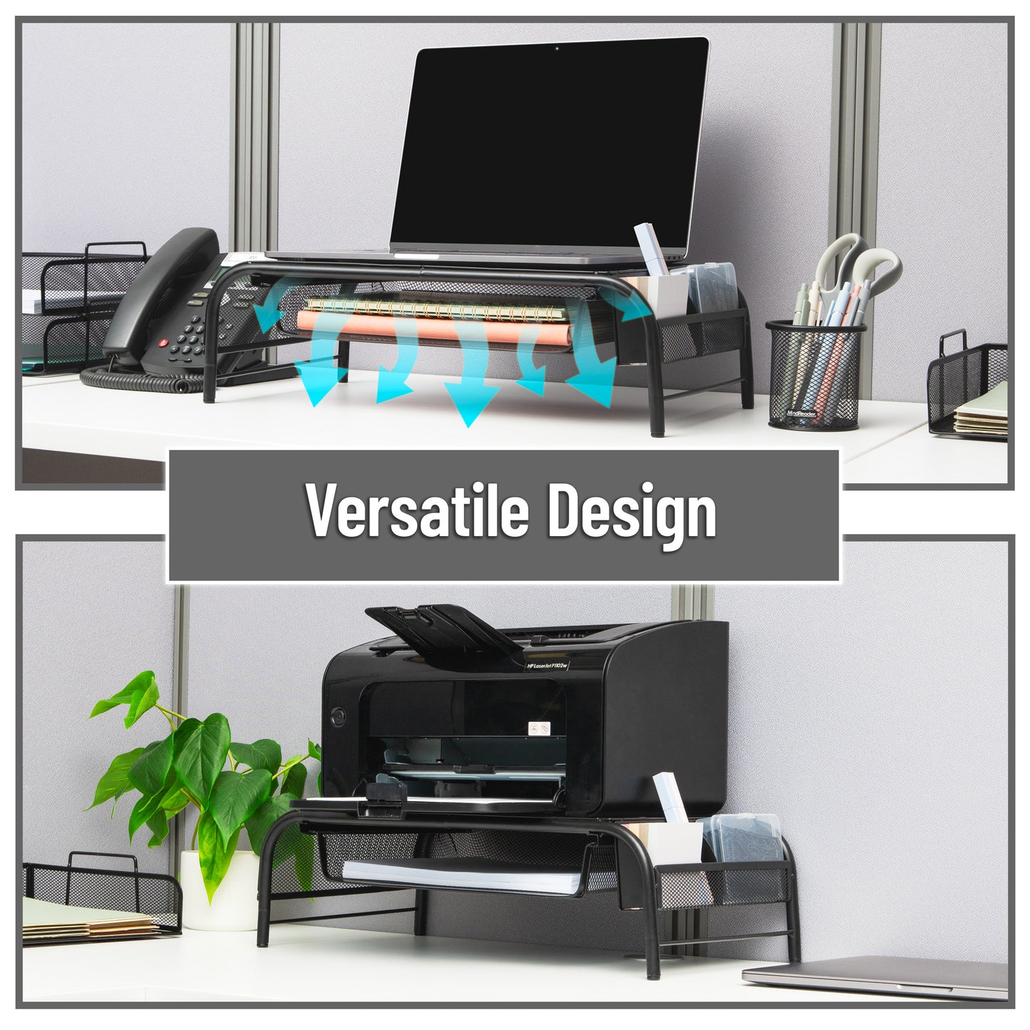 Mind Reader Monitor Stand, Ventilated Laptop Riser, Paper Tray, Office, Metal Mesh, Set of 2, Black