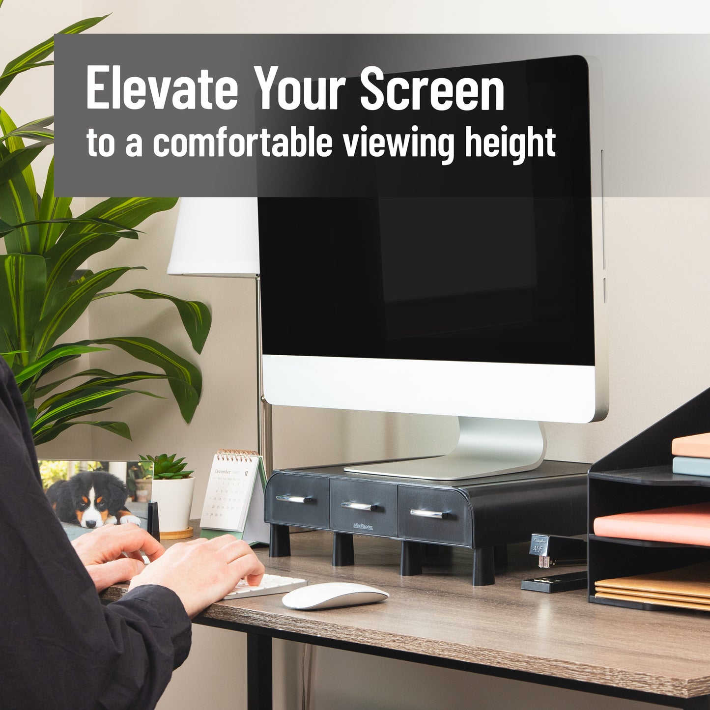 Mind Reader Monitor Stand, 3 Storage Drawers, Desktop Organizer, Riser, Office, 13.5"L x 13"W x 4"H