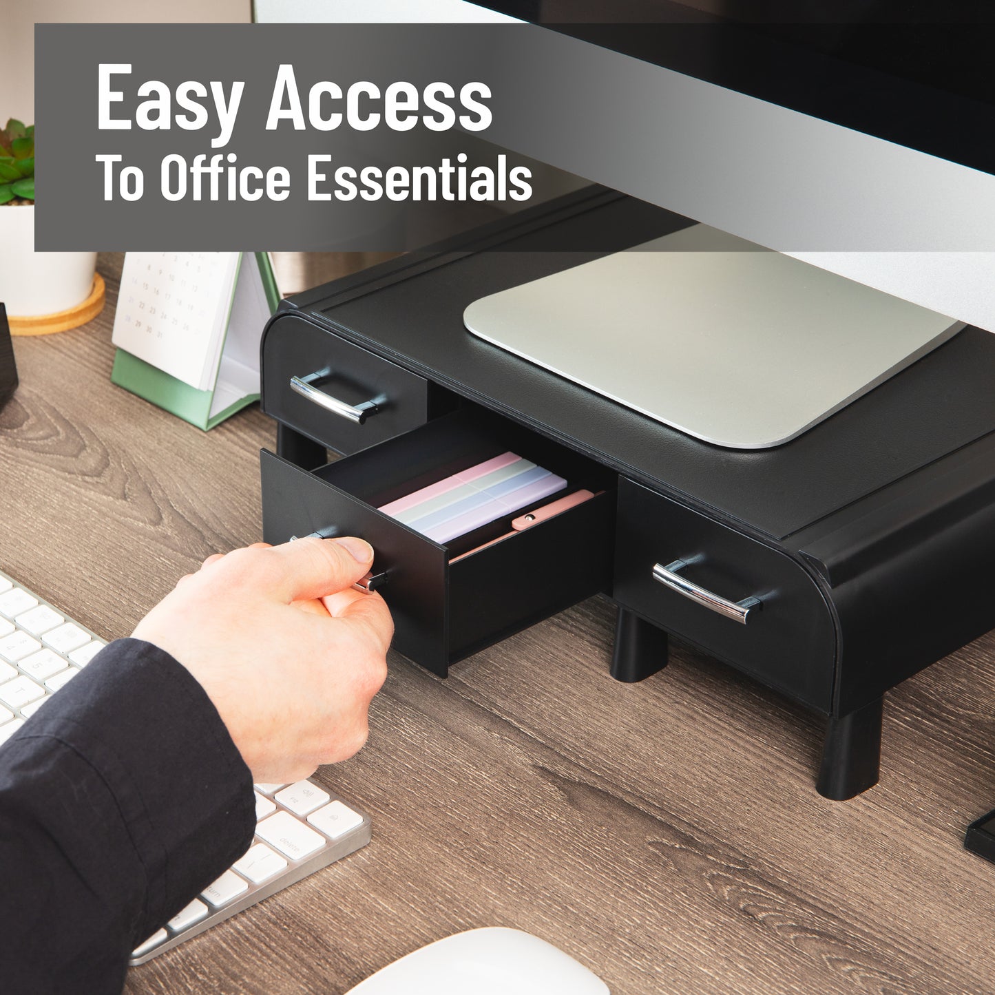 Mind Reader Monitor Stand, 3 Storage Drawers, Desktop Organizer, Riser, Office, 13.5"L x 13"W x 4"H