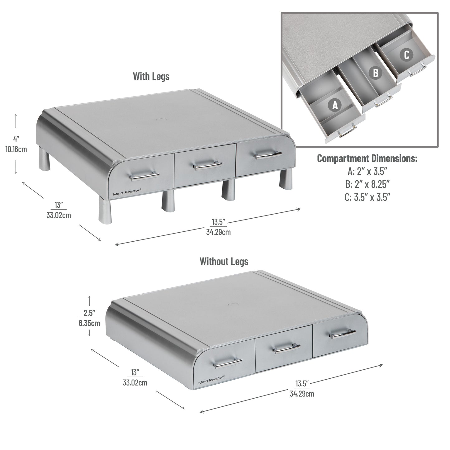 Mind Reader Monitor Stand, 3 Storage Drawers, Desktop Organizer, Riser, Office, 13.5"L x 13"W x 4"H