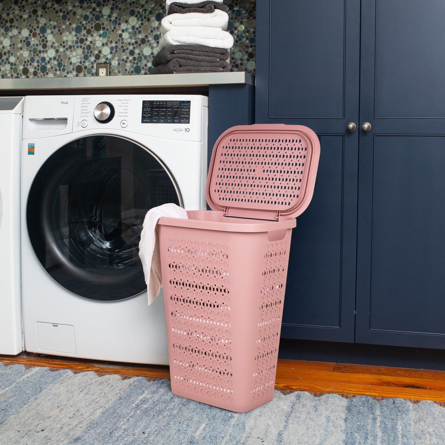 Mind Reader Slim Tapered Laundry Hampers with Lid, Clothes Basket with Swiss Cross Cut-Outs, Lightweight & Ventilated, Plastic, Set of 2