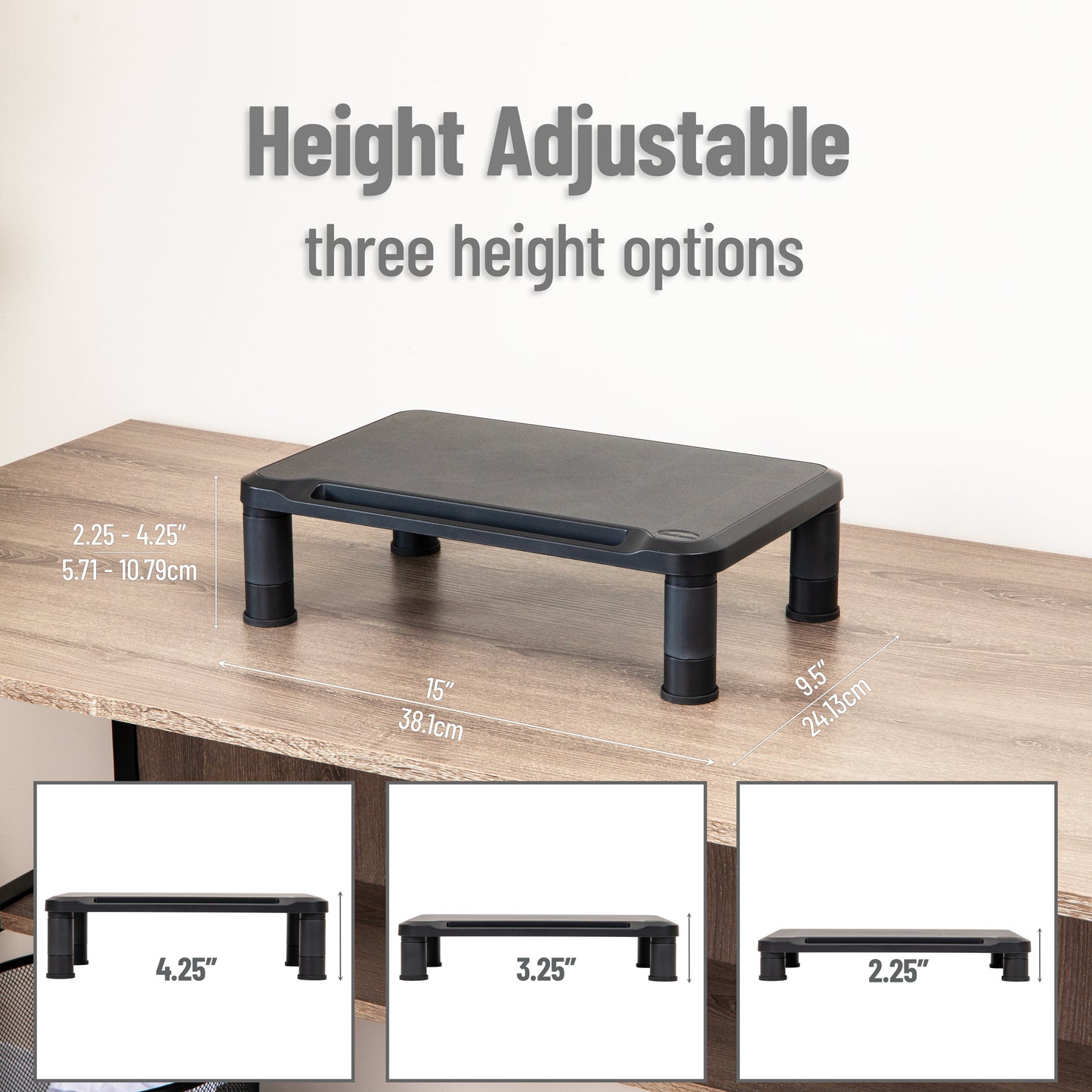 Mind Reader Monitor Stand, Height Adjustable, Laptop, Computer, Riser, Office, 14.5"L x 10.5"W x 5.25"H, Set of 2, Black