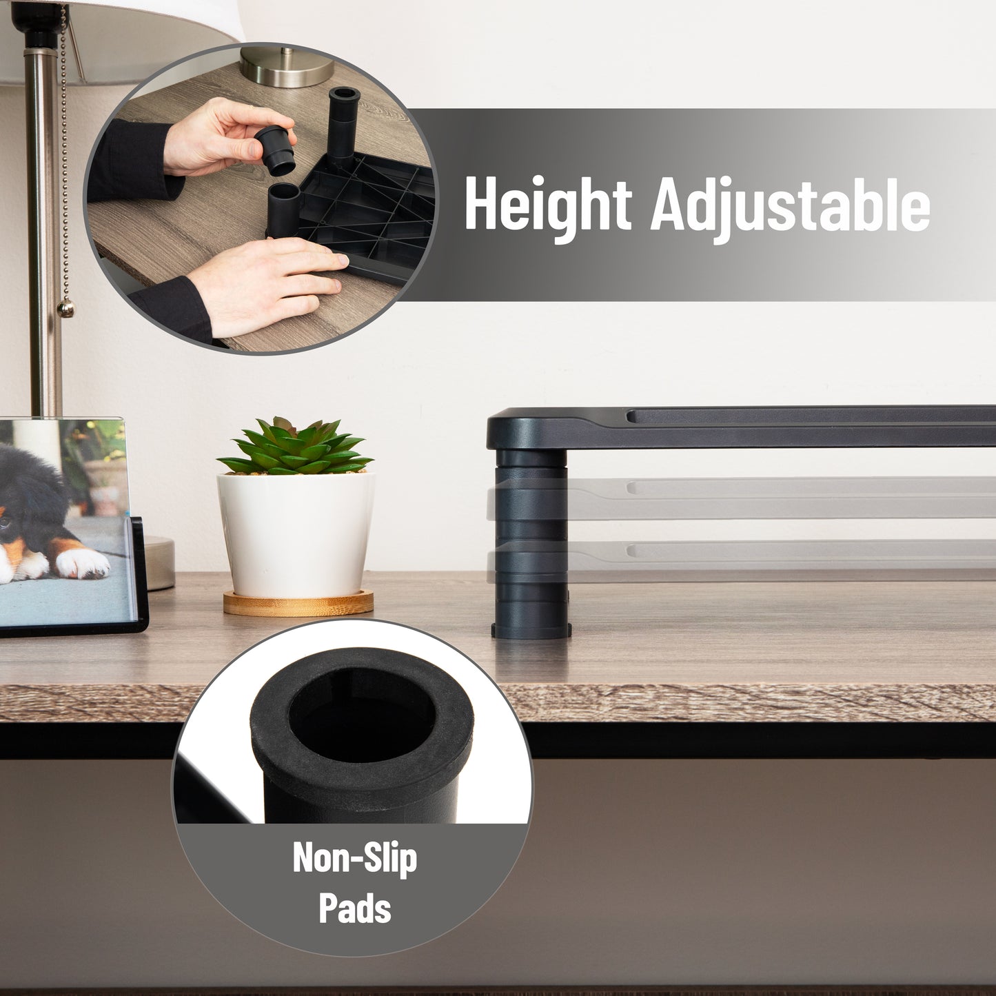 Mind Reader Monitor Stand, Height Adjustable, Laptop, Computer, Riser, Office, 14.5"L x 10.5"W x 5.25"H, Set of 2, Black