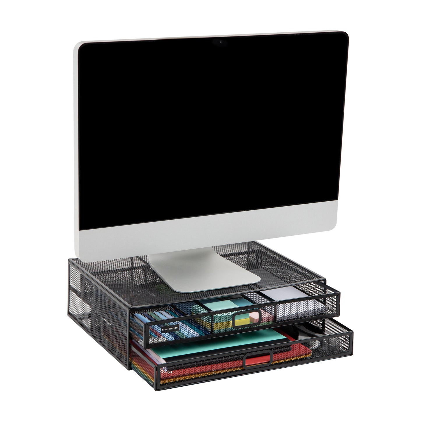 Mind Reader Network Collection, Monitor Stand with 2-Drawer File Storage, Desk Organizer, Metal Mesh, Multi-Purpose, Black