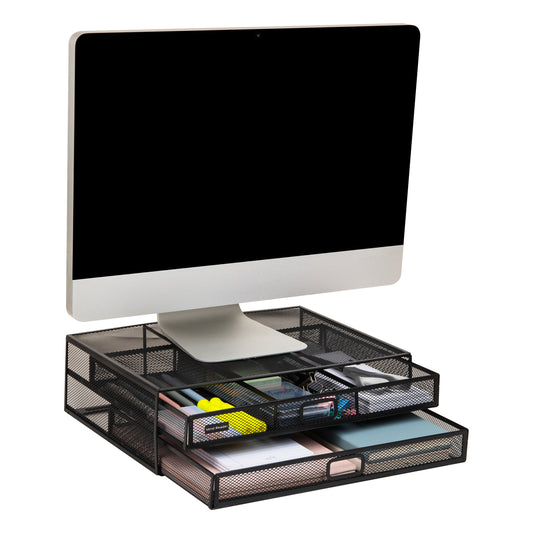 Mind Reader Monitor Stand, Ventilated Laptop Riser, Storage Drawer, Office, Metal Mesh, 15.75"L x 12"W x 4.5"H