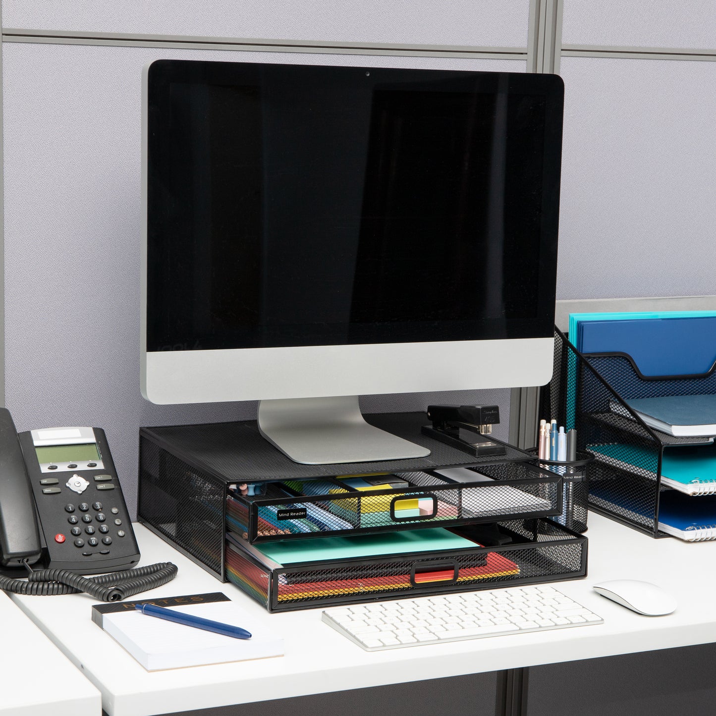 Mind Reader Monitor Stand, Ventilated Laptop Riser, Storage Drawer, Office, Metal Mesh, 15.75"L x 11.75"W x 4.5"H, Black