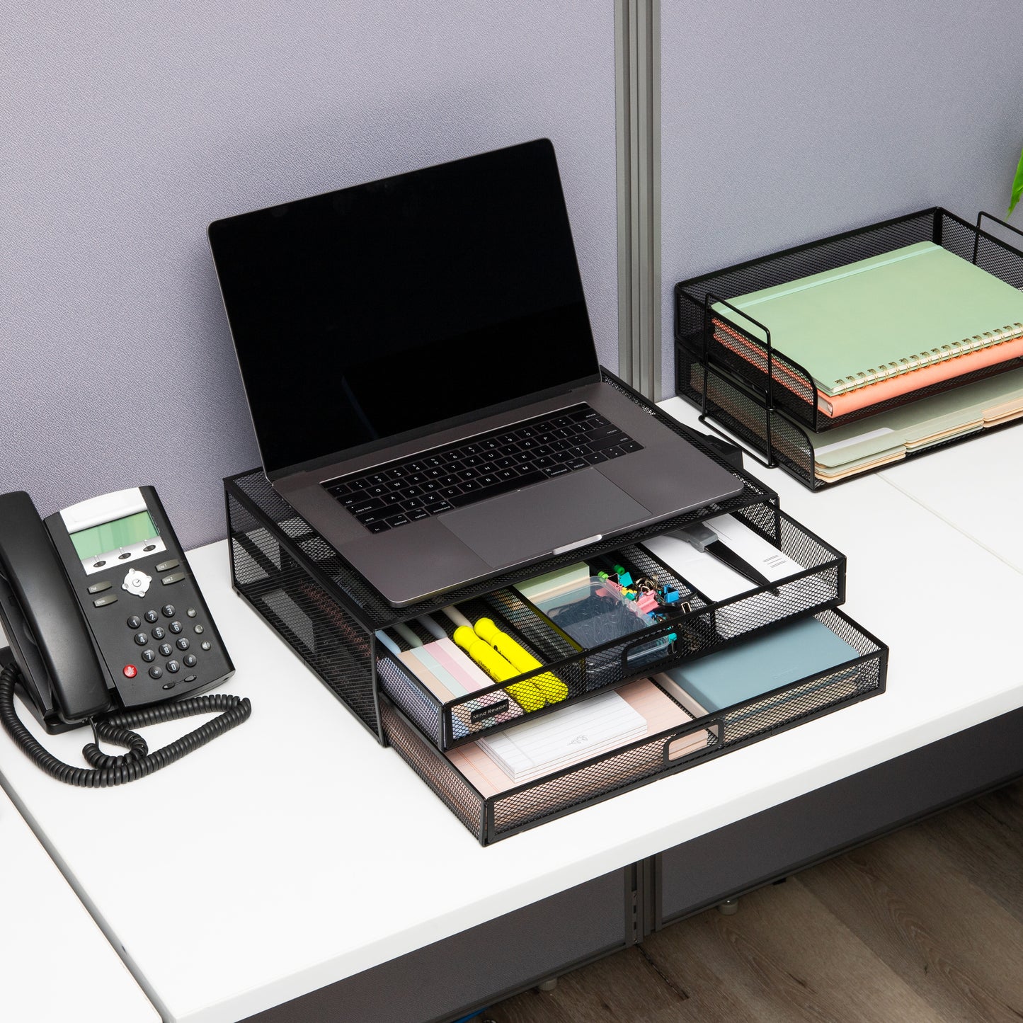 Mind Reader Monitor Stand, Ventilated Laptop Riser, Storage Drawer, Office, Metal Mesh, 15.75"L x 12"W x 4.5"H