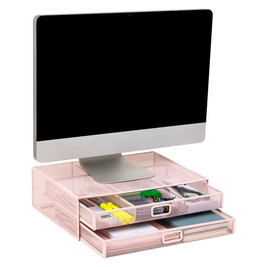 Mind Reader Mesh Monitor Stand with Storage Drawer, Ventilated Laptop Riser and Desktop Organizer, Office, Metal Mesh, Pink