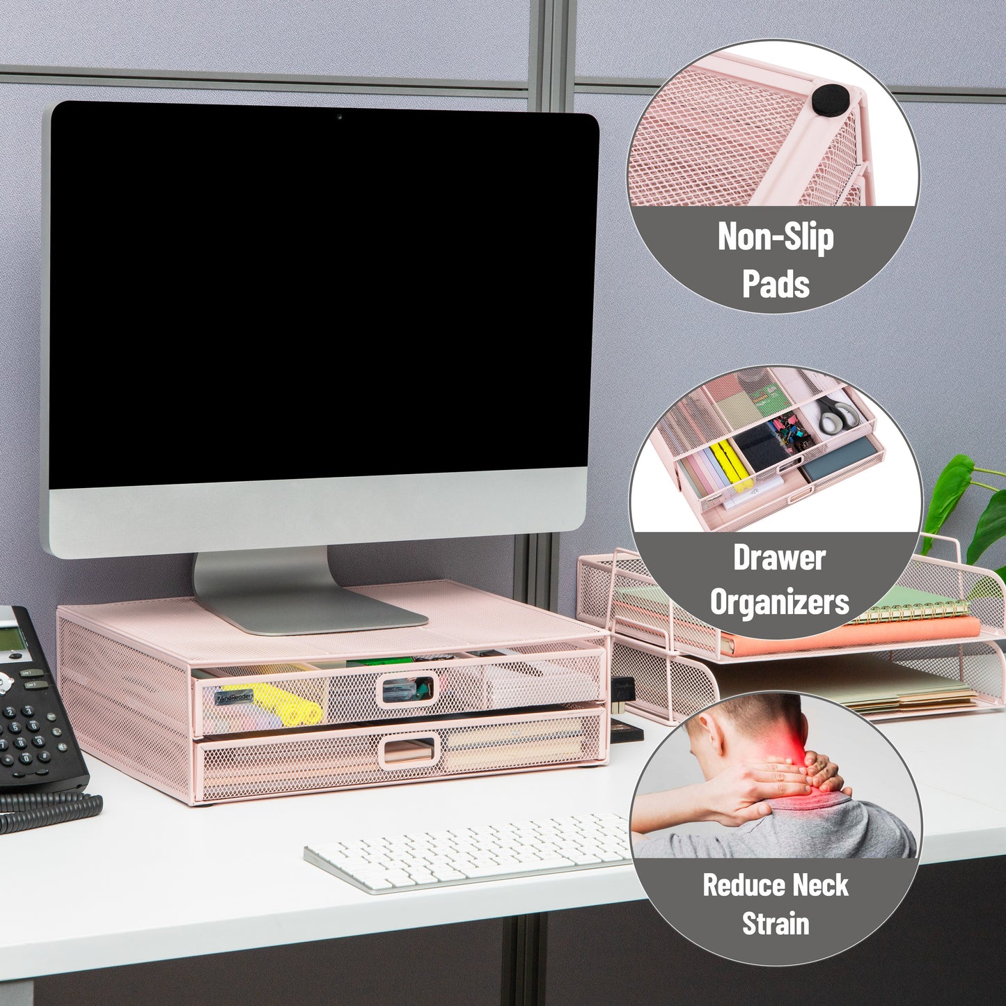 Mind Reader Mesh Monitor Stand with Storage Drawer, Ventilated Laptop Riser and Desktop Organizer, Office, Metal Mesh, Pink