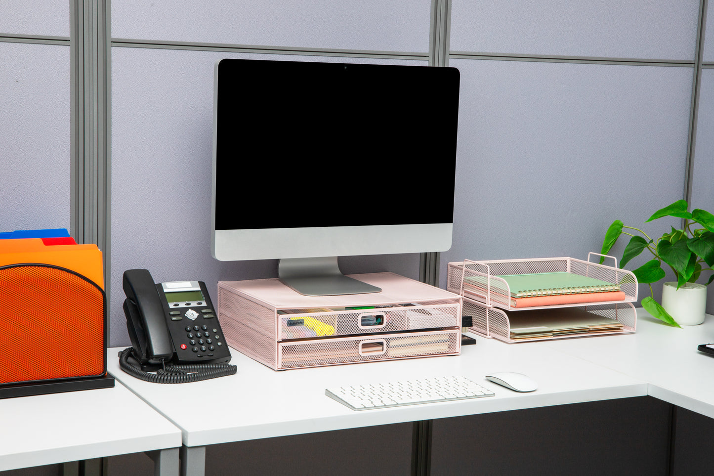 Mind Reader Mesh Monitor Stand with Storage Drawer, Ventilated Laptop Riser and Desktop Organizer, Office, Metal Mesh, Pink