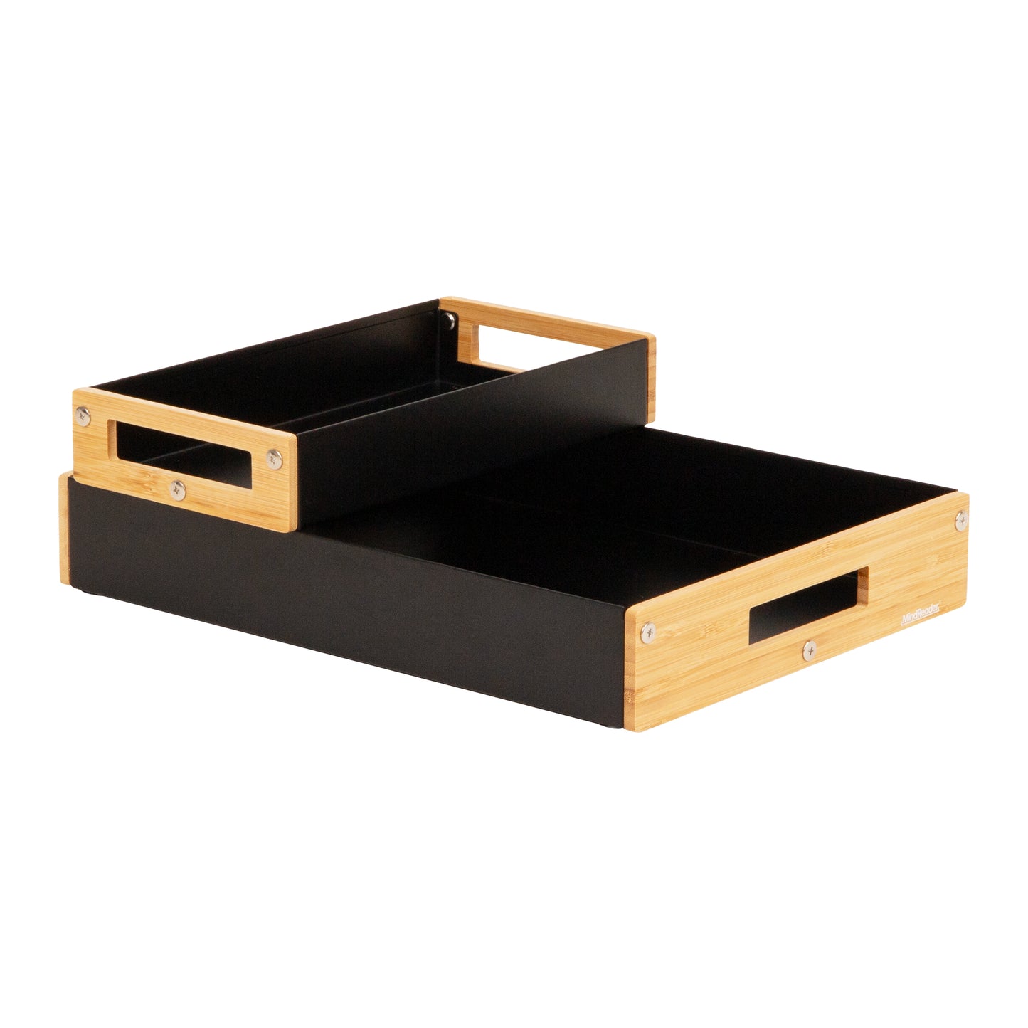Mind Reader Metal and Wood Tiered Desktop Organizer Trays with Cutout Handles, Stackable Office Storage, Office, Entryway, Coffee Station and Home Organization, Metal and Wood, Set of 2