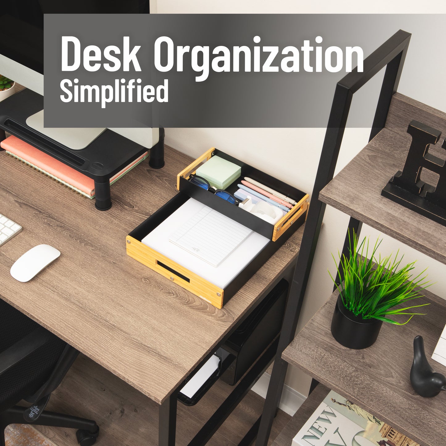 Mind Reader Metal and Wood Tiered Desktop Organizer Trays with Cutout Handles, Stackable Office Storage, Office, Entryway, Coffee Station and Home Organization, Metal and Wood, Set of 2