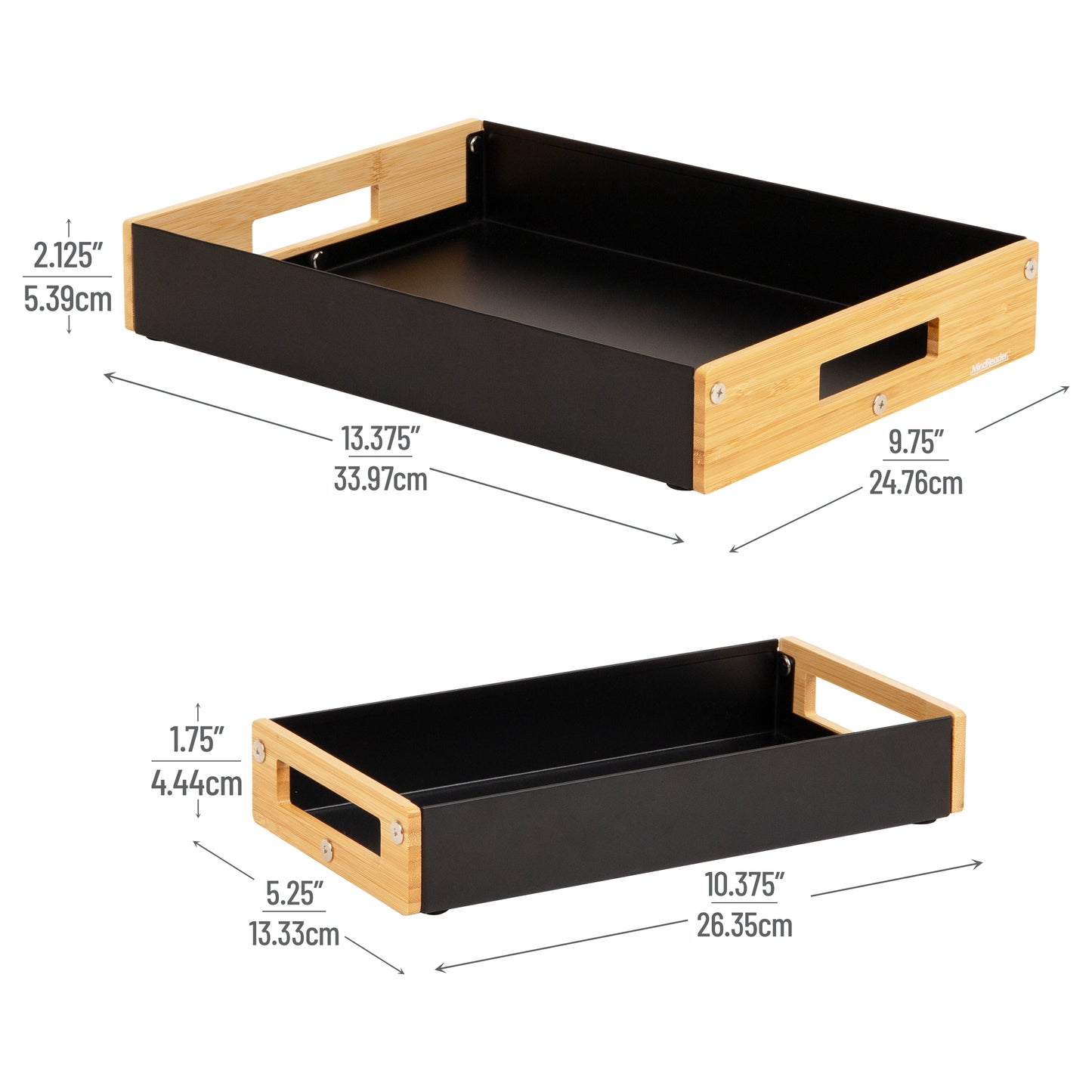 Mind Reader Metal and Wood Tiered Desktop Organizer Trays with Cutout Handles, Stackable Office Storage, Office, Entryway, Coffee Station and Home Organization, Metal and Wood, Set of 2