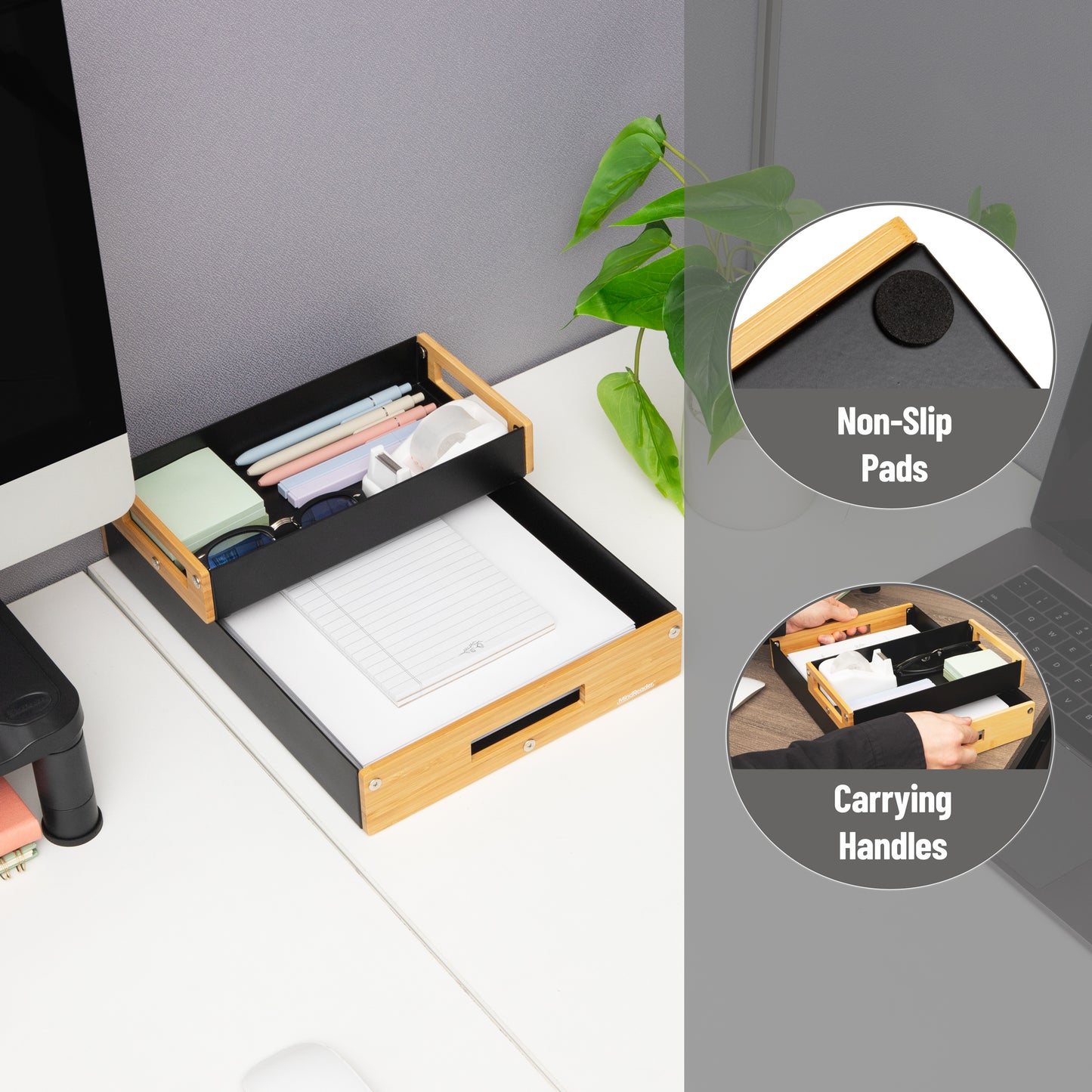 Mind Reader Metal and Wood Tiered Desktop Organizer Trays with Cutout Handles, Stackable Office Storage, Office, Entryway, Coffee Station and Home Organization, Metal and Wood, Set of 2