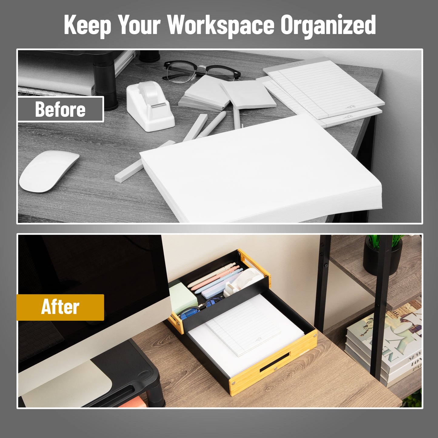 Mind Reader Metal and Wood Tiered Desktop Organizer Trays with Cutout Handles, Stackable Office Storage, Office, Entryway, Coffee Station and Home Organization, Metal and Wood, Set of 2